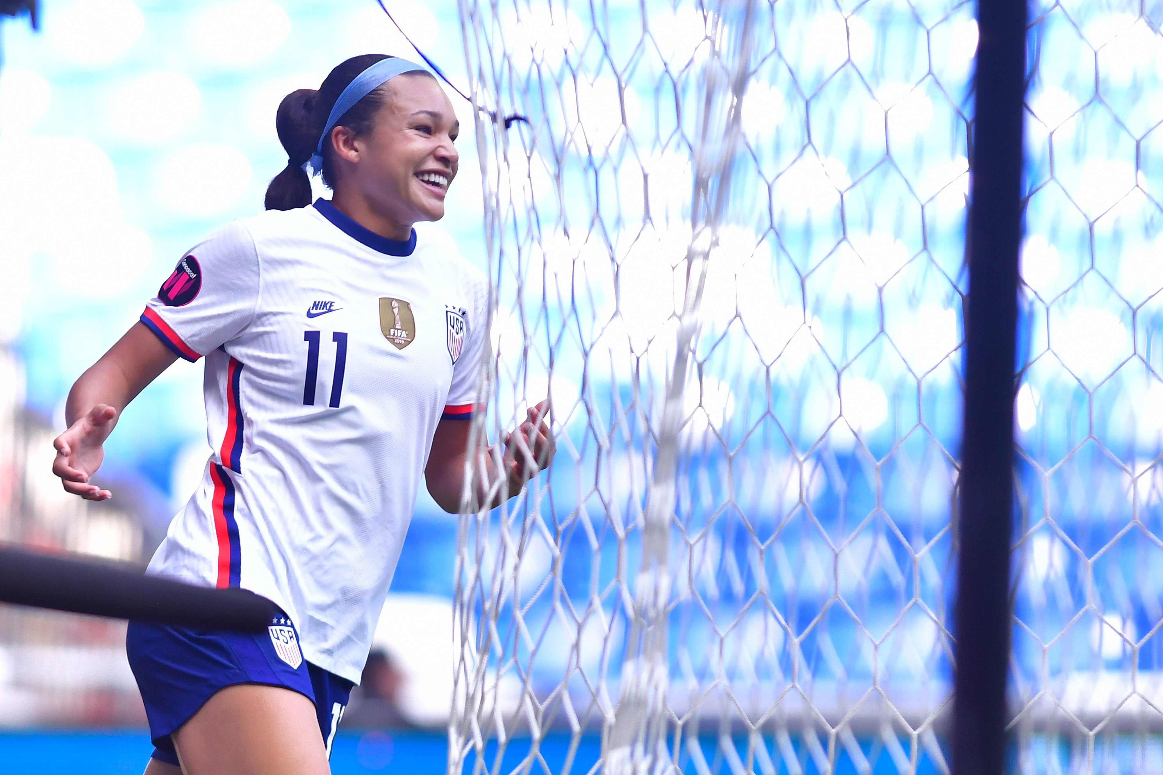 MONTERREY, MEXICO - JULY 07: Sophia Smith of United States celebrates after scoring her team's first goal during the match between Jamaica and United States as part of the 2022 Concacaf W Championship at BBVA Stadium on July 7, 2022 in Monterrey, Mexico. (Photo by Jaime Lopez/Jam Media/Getty Images)
