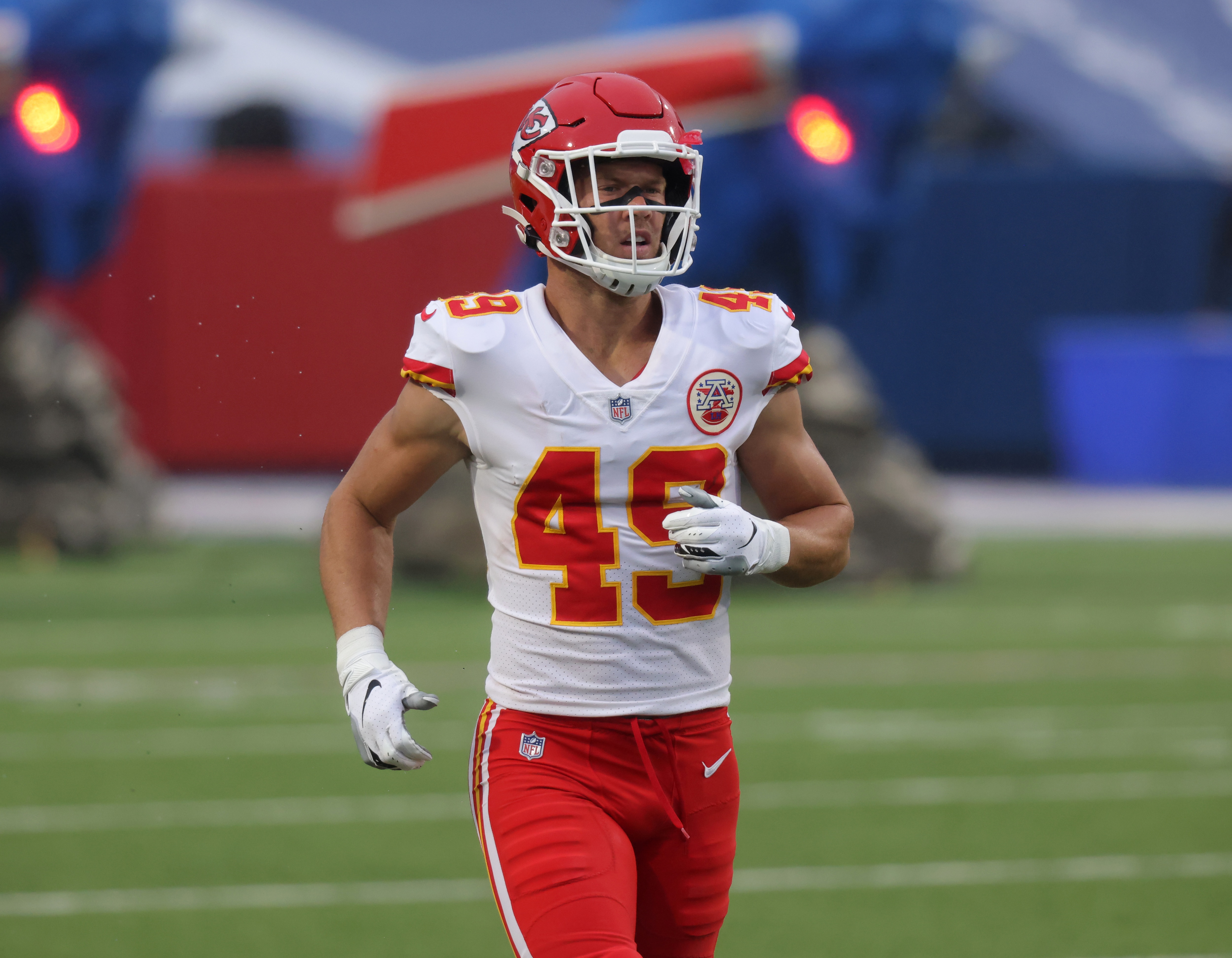 ORCHARD PARK, NY - OCTOBER 19: Daniel Sorensen #49 of the Kansas City Chiefs takes to the field before a game against the Buffalo Bills at Bills Stadium on October 19, 2020 in Orchard Park, New York. Kansas City beats Buffalo 26 to 17. (Photo by Timothy T Ludwig/Getty Images)