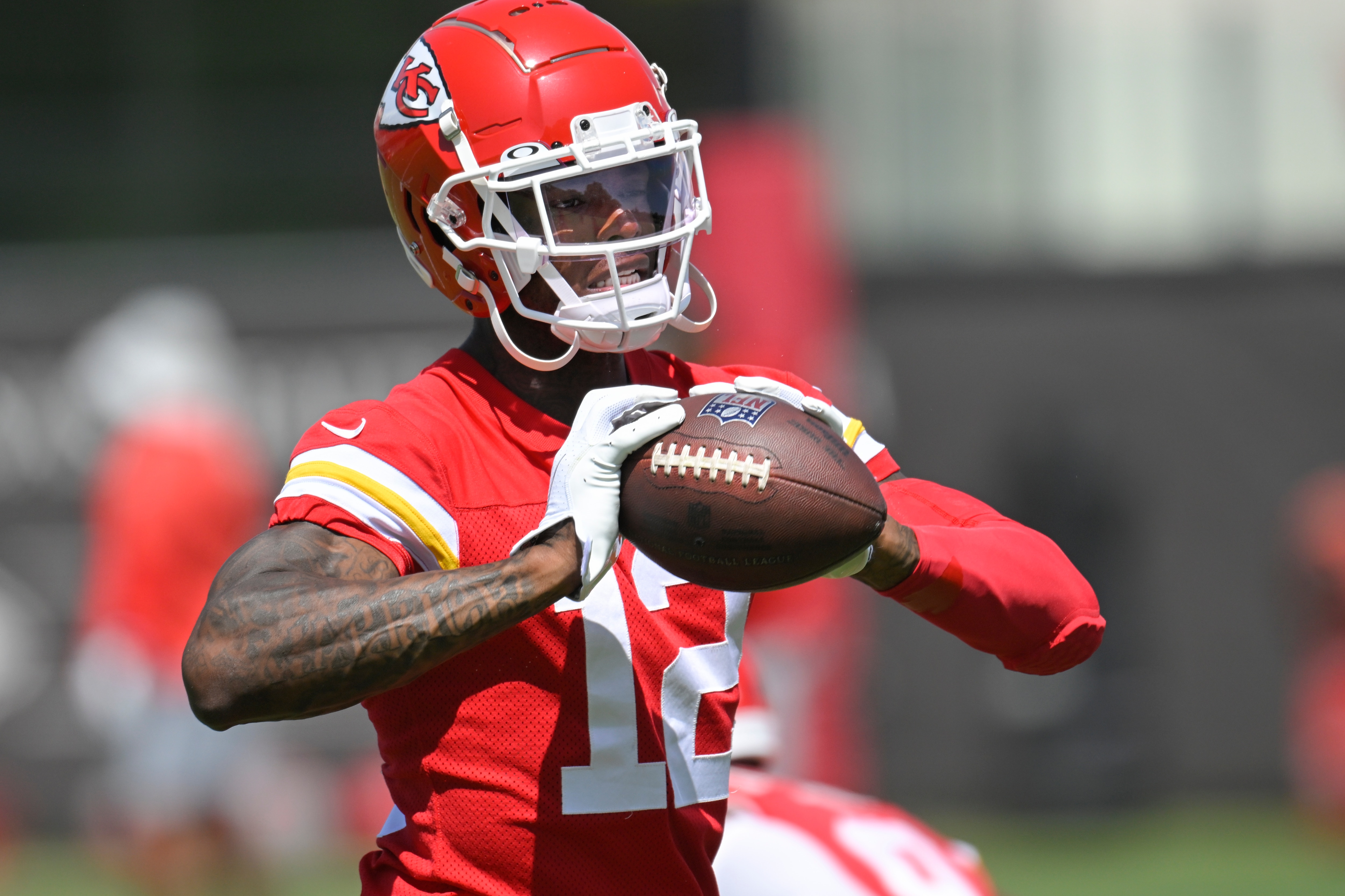 Kansas City Chiefs wide receiver Josh Gordon during drills in the NFL football team's mandatory minicamp Tuesday, June 14, 2022, in Kansas City, Mo. (AP Photo/Reed Hoffmann)