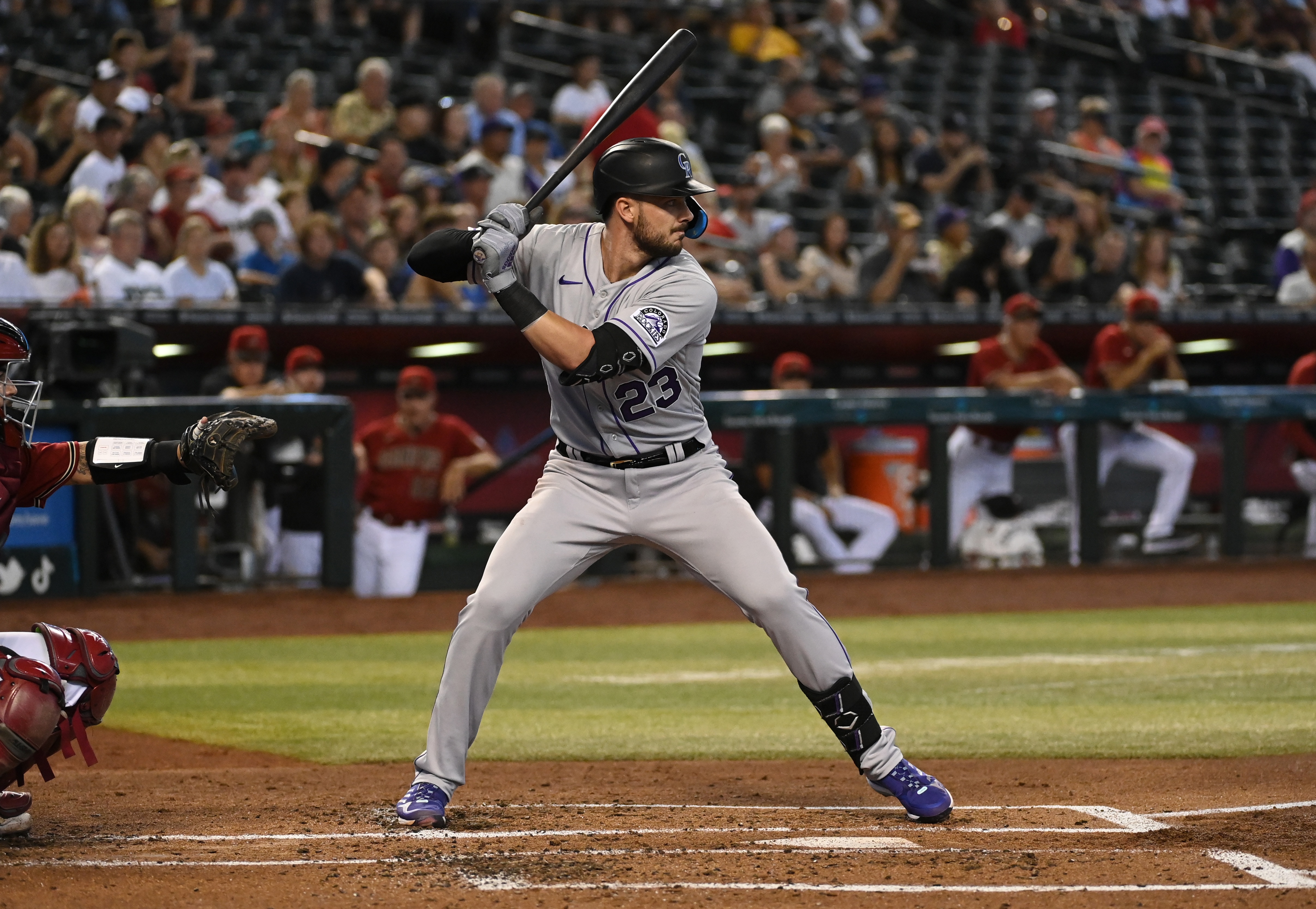 PHOENIX, ARIZONA - JULY 10: Kris Bryant #23 of the Colorado Rockies gets ready in the batters box against the Arizona Diamondbacks at Chase Field on July 10, 2022 in Phoenix, Arizona. (Photo by Norm Hall/Getty Images)