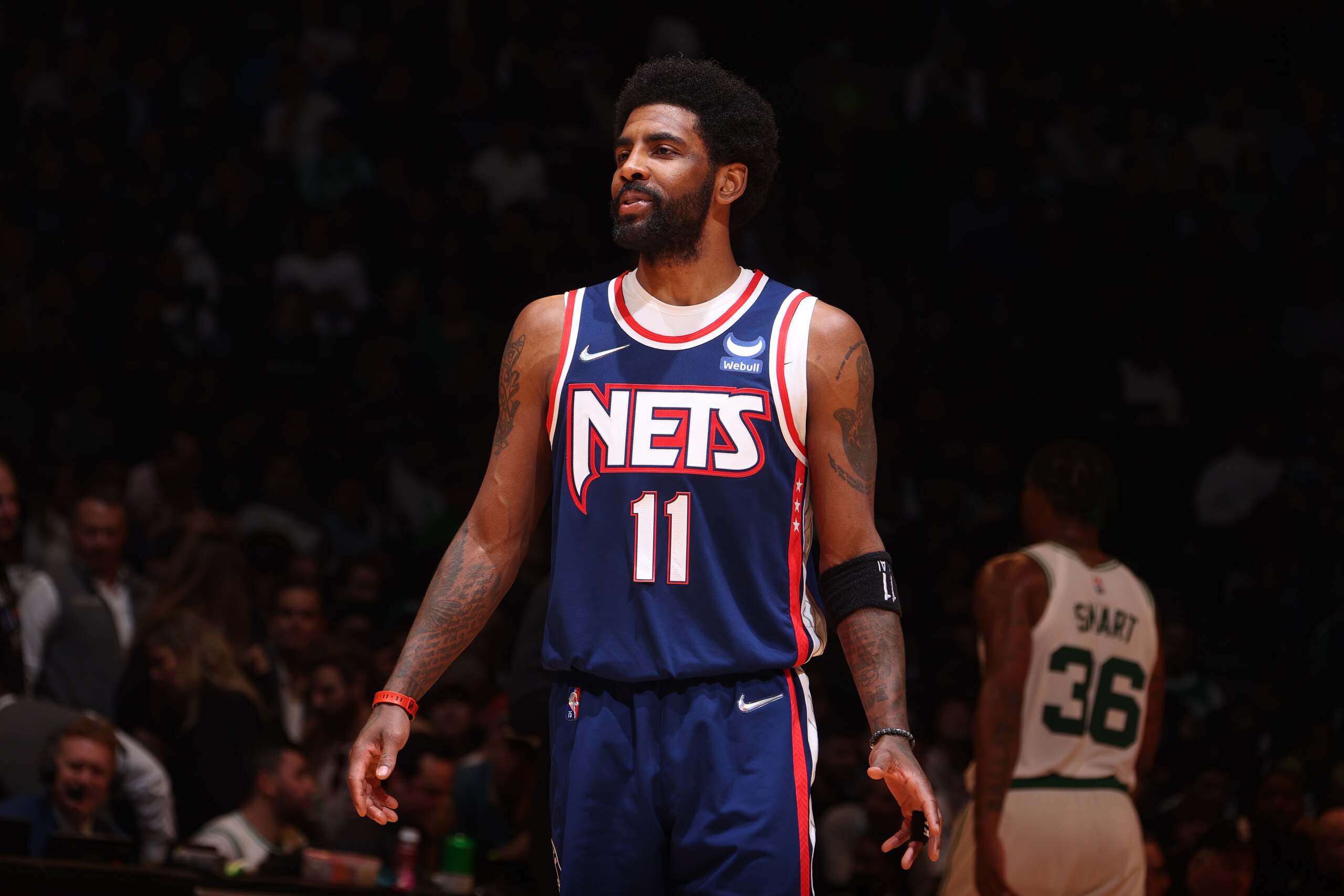 BROOKLYN, NY - APRIL 25: Kyrie Irving #11 of the Brooklyn Nets smiles during Round 1 Game 4 of the 2022 NBA Playoffs on April 25, 2022 at Barclays Center in Brooklyn, New York. NOTE TO USER: User expressly acknowledges and agrees that, by downloading and or using this Photograph, user is consenting to the terms and conditions of the Getty Images License Agreement. Mandatory Copyright Notice: Copyright 2022 NBAE (Photo by Nathaniel S. Butler/NBAE via Getty Images) BROOKLYN, NY - APRIL 25: Kyrie Irving #11 of the Brooklyn Nets smiles during Round 1 Game 4 of the 2022 NBA Playoffs on April 25, 2022 at Barclays Center in Brooklyn, New York. NOTE TO USER: User expressly acknowledges and agrees that, by downloading and or using this Photograph, user is consenting to the terms and conditions of the Getty Images License Agreement. Mandatory Copyright Notice: Copyright 2022 NBAE (Photo by Nathaniel S. Butler/NBAE via Getty Images)