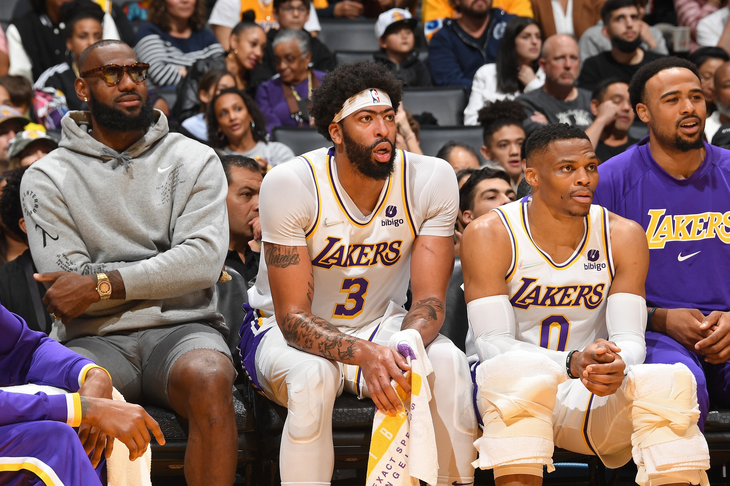 LOS ANGELES, CA - APRIL 3: LeBron James #6, Anthony Davis #3 and Russell Westbrook #0 of the Los Angeles Lakers look on/ during the game against the Denver Nuggets on April 3, 2022 at Crypto.Com Arena in Los Angeles, California. NOTE TO USER: User expressly acknowledges and agrees that, by downloading and/or using this Photograph, user is consenting to the terms and conditions of the Getty Images License Agreement. Mandatory Copyright Notice: Copyright 2022 NBAE (Photo by Andrew D. Bernstein/NBAE via Getty Images) LOS ANGELES, CA - APRIL 3: LeBron James #6, Anthony Davis #3 and Russell Westbrook #0 of the Los Angeles Lakers look on/ during the game against the Denver Nuggets on April 3, 2022 at Crypto.Com Arena in Los Angeles, California. NOTE TO USER: User expressly acknowledges and agrees that, by downloading and/or using this Photograph, user is consenting to the terms and conditions of the Getty Images License Agreement. Mandatory Copyright Notice: Copyright 2022 NBAE (Photo by Andrew D. Bernstein/NBAE via Getty Images)