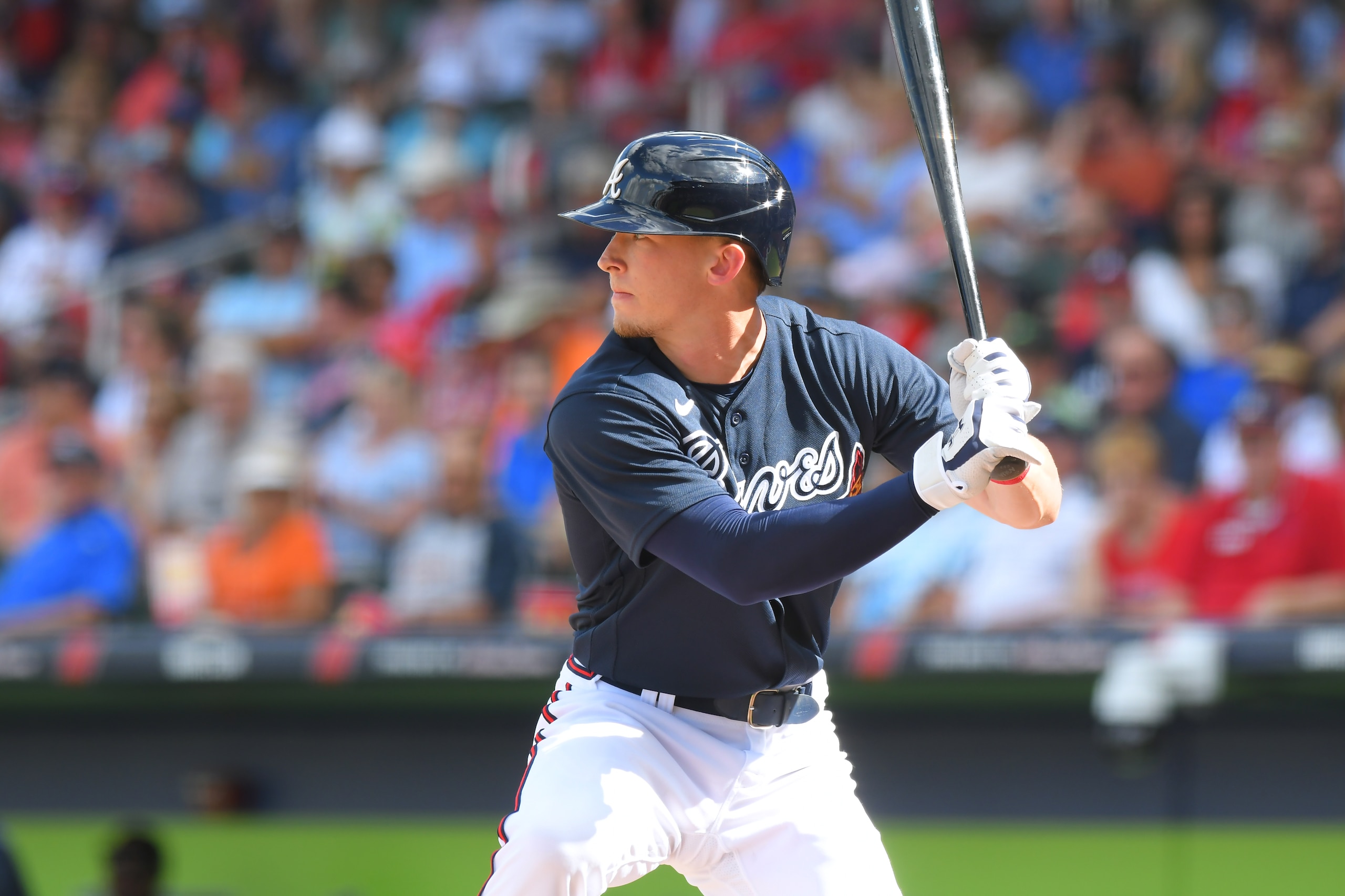 NORTH PORT, FL - FEBRUARY 23:  Drew Waters #81 of the Atlanta Braves bats during the Spring Training game against the Detroit Tigers at CoolToday Park on February 23, 2020 in North Port, Florida. The Tigers defeated the Braves 5-1.  (Photo by Mark Cunningham/MLB Photos via Getty Images)