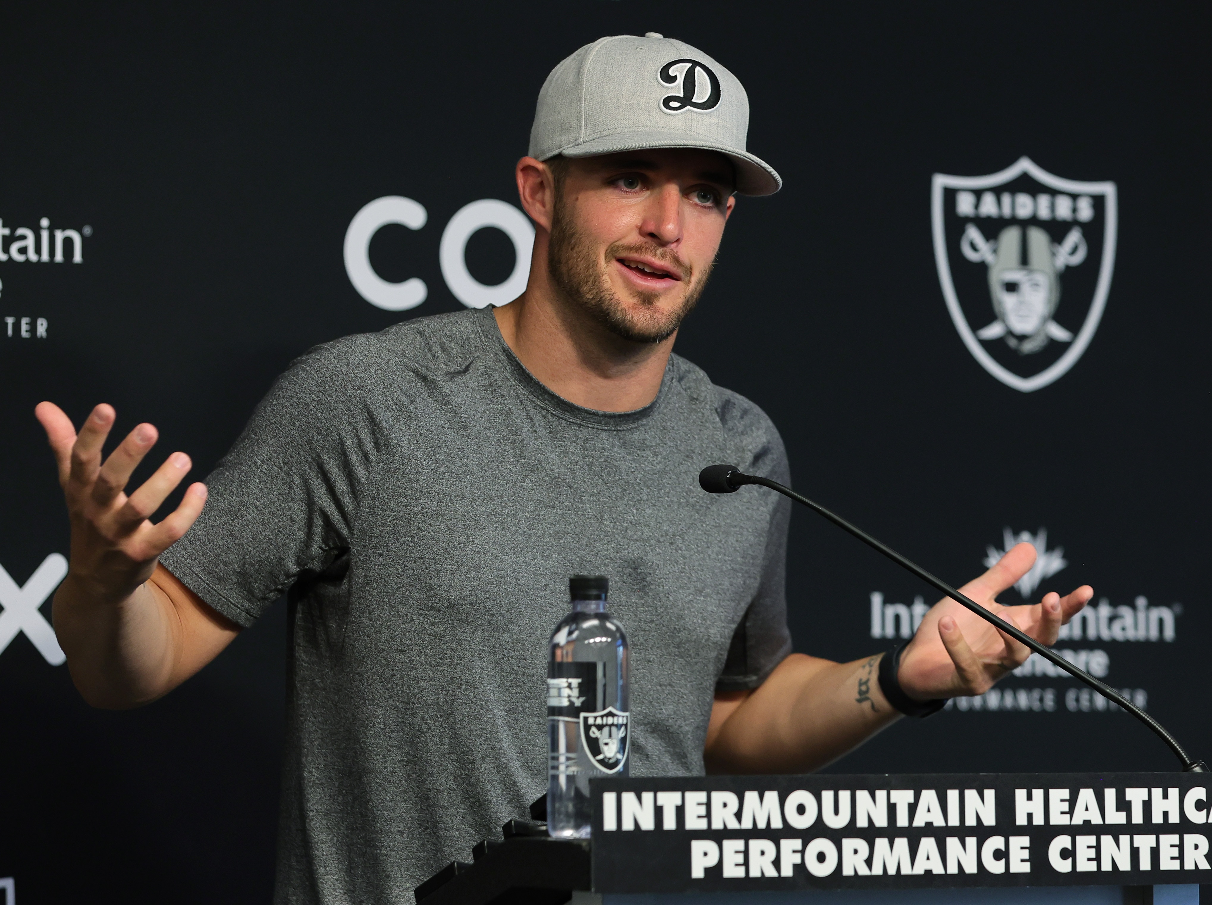 HENDERSON, NEVADA - JUNE 07: Quarterback Derek Carr #4 of the Las Vegas Raiders speaks during a news conference after the first day of mandatory minicamp at the Las Vegas Raiders Headquarters/Intermountain Healthcare Performance Center on June 07, 2022 in Henderson, Nevada. (Photo by Ethan Miller/Getty Images)