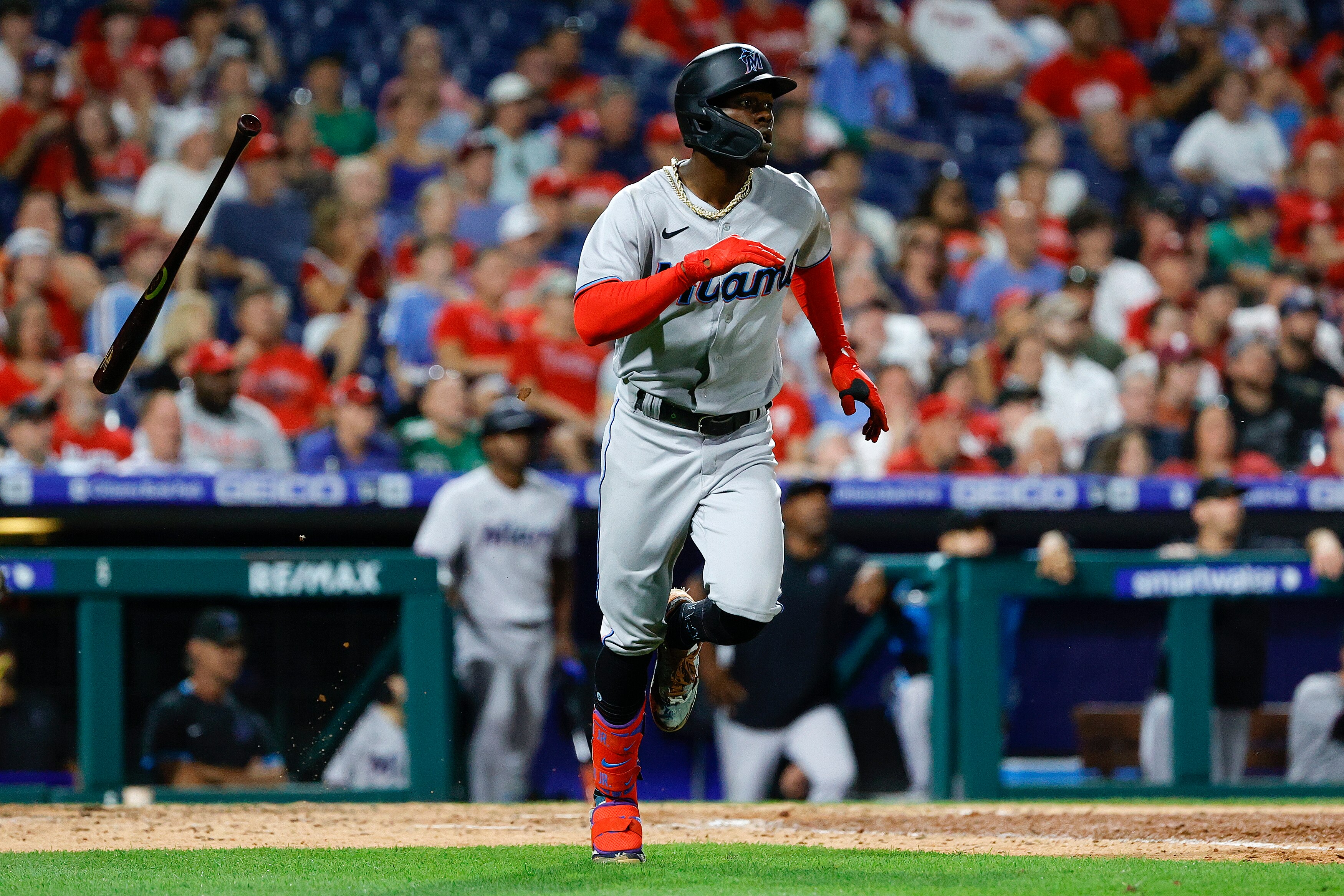 PHILADELPHIA, PENNSYLVANIA - JUNE 14: Jazz Chisholm Jr. #2 of the Miami Marlins rounds bases after hitting a solo home run during the seventh inning against the Philadelphia Phillies at Citizens Bank Park on June 14, 2022 in Philadelphia, Pennsylvania. (Photo by Tim Nwachukwu/Getty Images)
