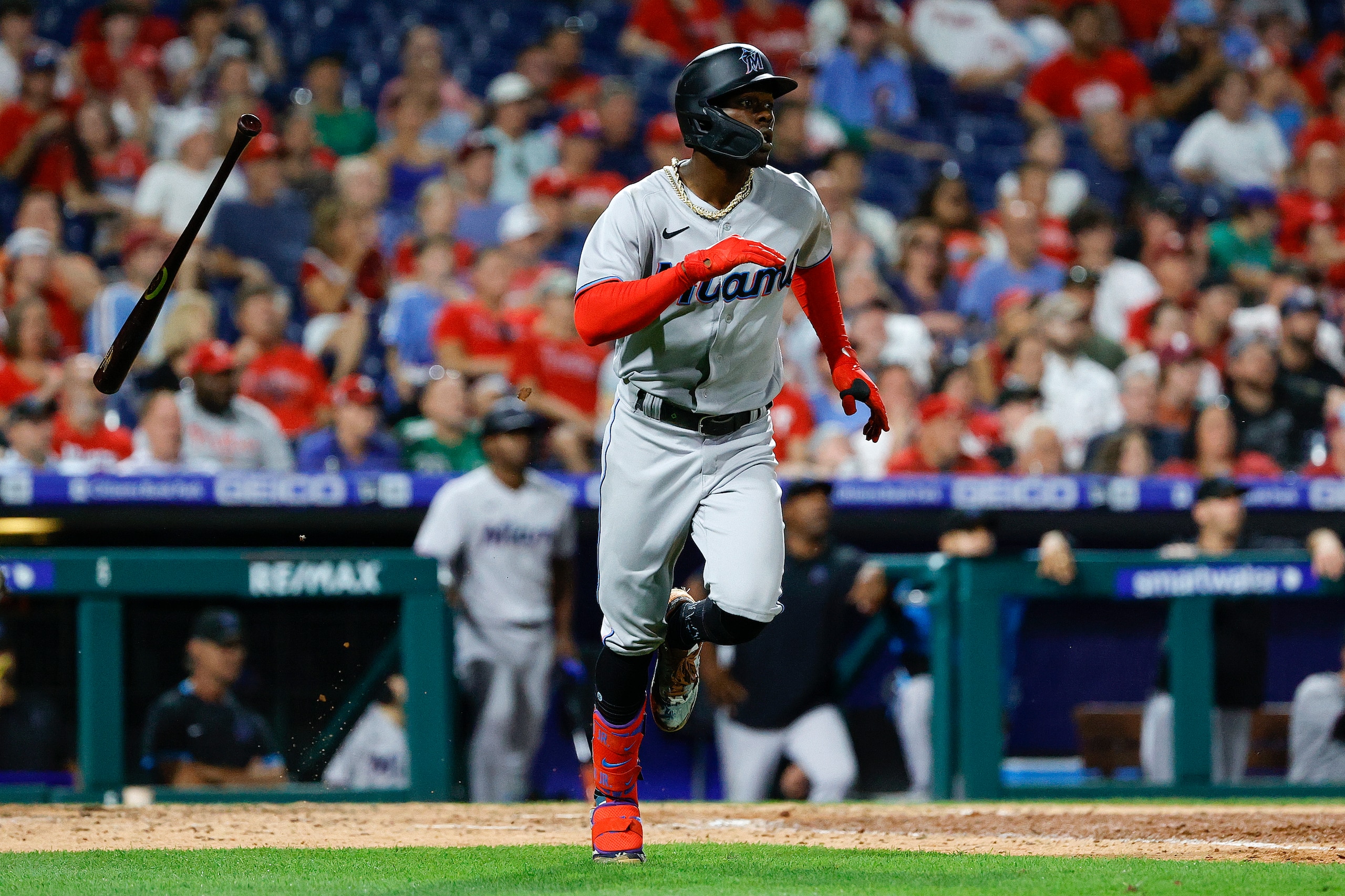 PHILADELPHIA, PENNSYLVANIA - JUNE 14: Jazz Chisholm Jr. #2 of the Miami Marlins rounds bases after hitting a solo home run during the seventh inning against the Philadelphia Phillies at Citizens Bank Park on June 14, 2022 in Philadelphia, Pennsylvania. (Photo by Tim Nwachukwu/Getty Images) PHILADELPHIA, PENNSYLVANIA - JUNE 14: Jazz Chisholm Jr. #2 of the Miami Marlins rounds bases after hitting a solo home run during the seventh inning against the Philadelphia Phillies at Citizens Bank Park on June 14, 2022 in Philadelphia, Pennsylvania. (Photo by Tim Nwachukwu/Getty Images)