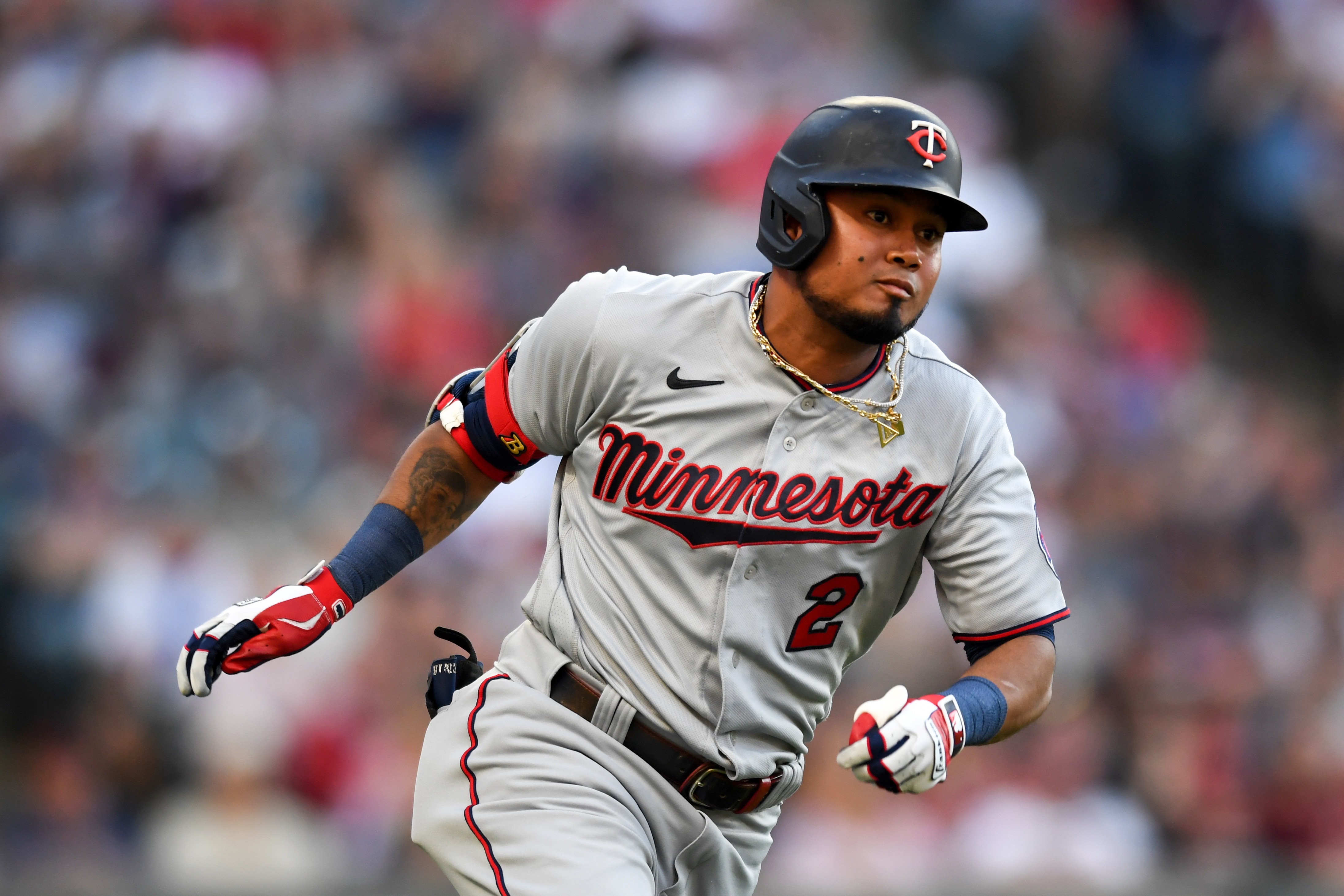 CLEVELAND, OH - JUNE 28: Luis Arráez #2 of the Minnesota Twins runs out an RBI triple during the third inning of game two of a doubleheader against the Cleveland Guardians at Progressive Field on June 28, 2022 in Cleveland, Ohio. (Photo by Nick Cammett/Diamond Images via Getty Images)