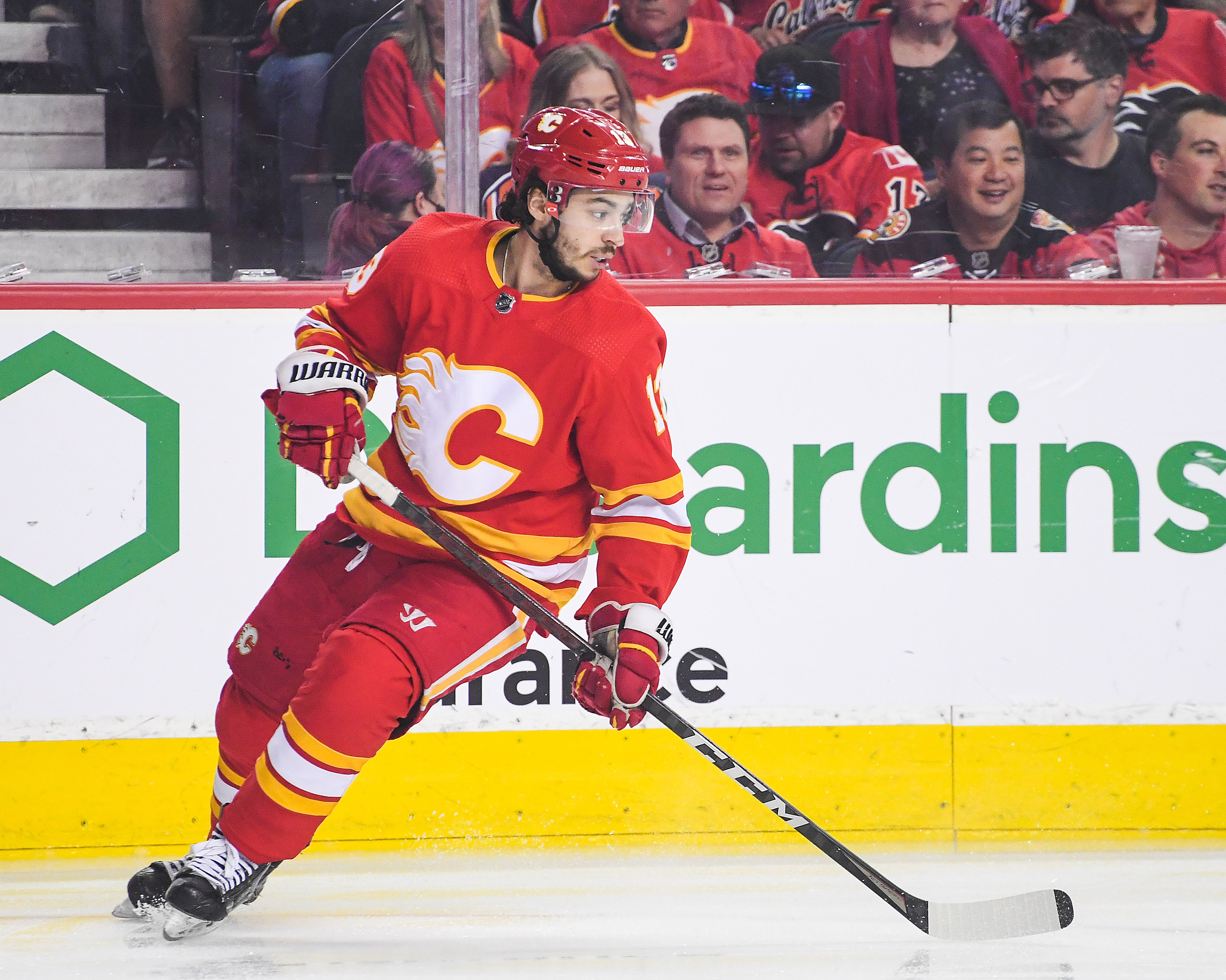 CALGARY, AB - MAY 26: Johnny Gaudreau #13 of the Calgary Flames in action against the Edmonton Oilers during Game Five of the Second Round of the 2022 Stanley Cup Playoffs at Scotiabank Saddledome on May 26, 2022 in Calgary, Alberta, Canada. The Oilers defeated the Flames 5-4 in overtime to win the series four games to one. (Photo by Derek Leung/Getty Images)