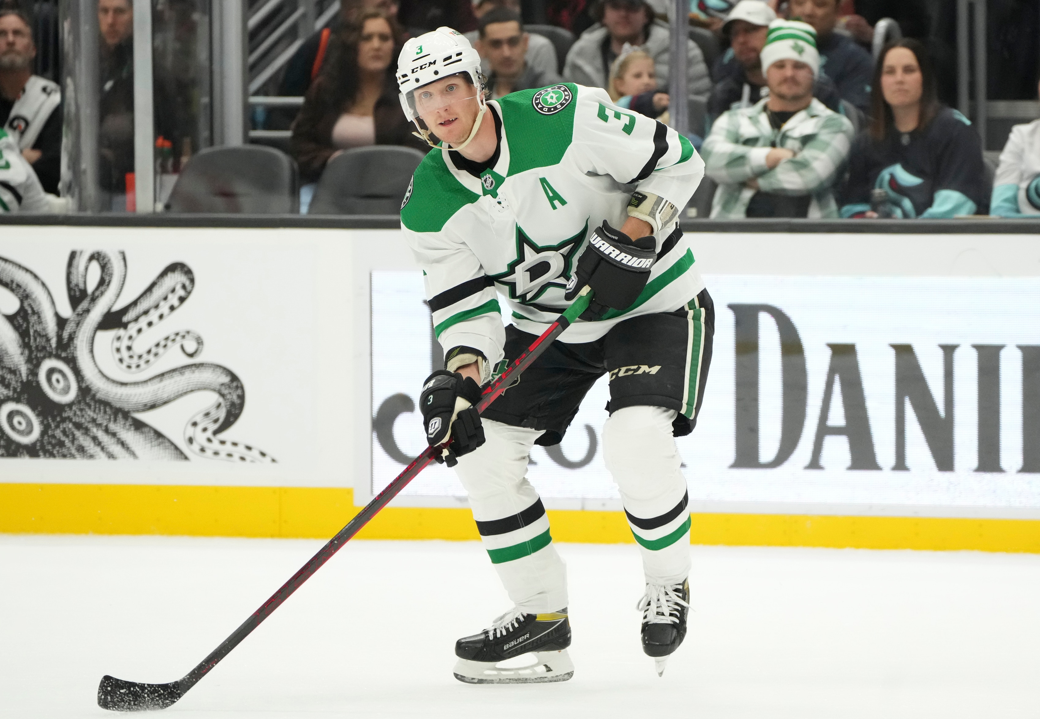 SEATTLE, WA - APRIL 03: Dallas Stars defenseman John Klingberg (3) looks for the puck during an NHL game between the Dallas Stars and the Seattle Kraken on April 3, 2022 at Climate Pledge Arena in Seattle, WA. (Photo by Jeff Halstead/Icon Sportswire via Getty Images)