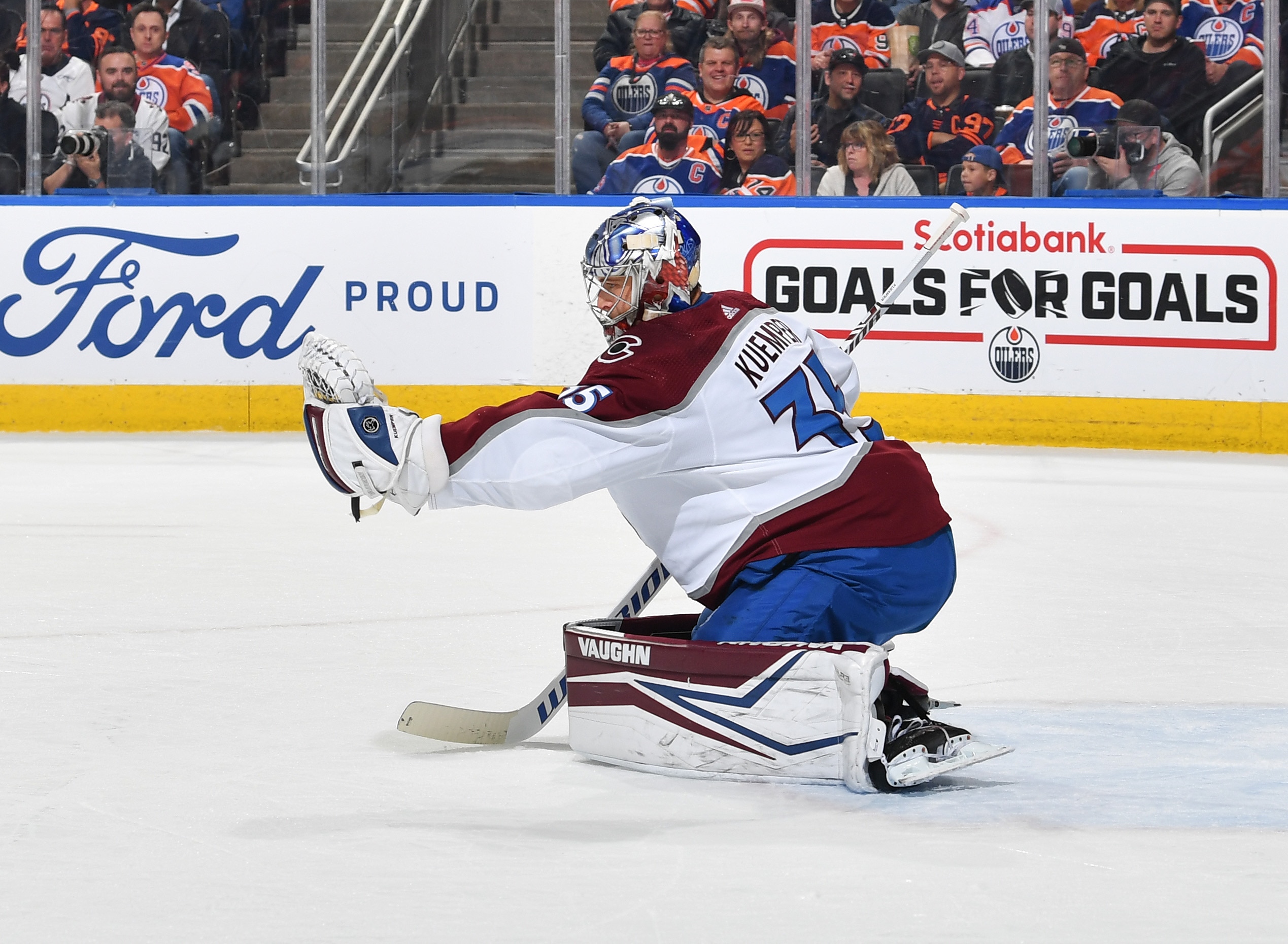 EDMONTON, AB - April 22: Darcy Kuemper #35 of the Colorado Avalanche makes a save during the game against the Edmonton Oilers on April 22, 2022 at Rogers Place in Edmonton, Alberta, Canada. (Photo by Andy Devlin/NHLI via Getty Images)