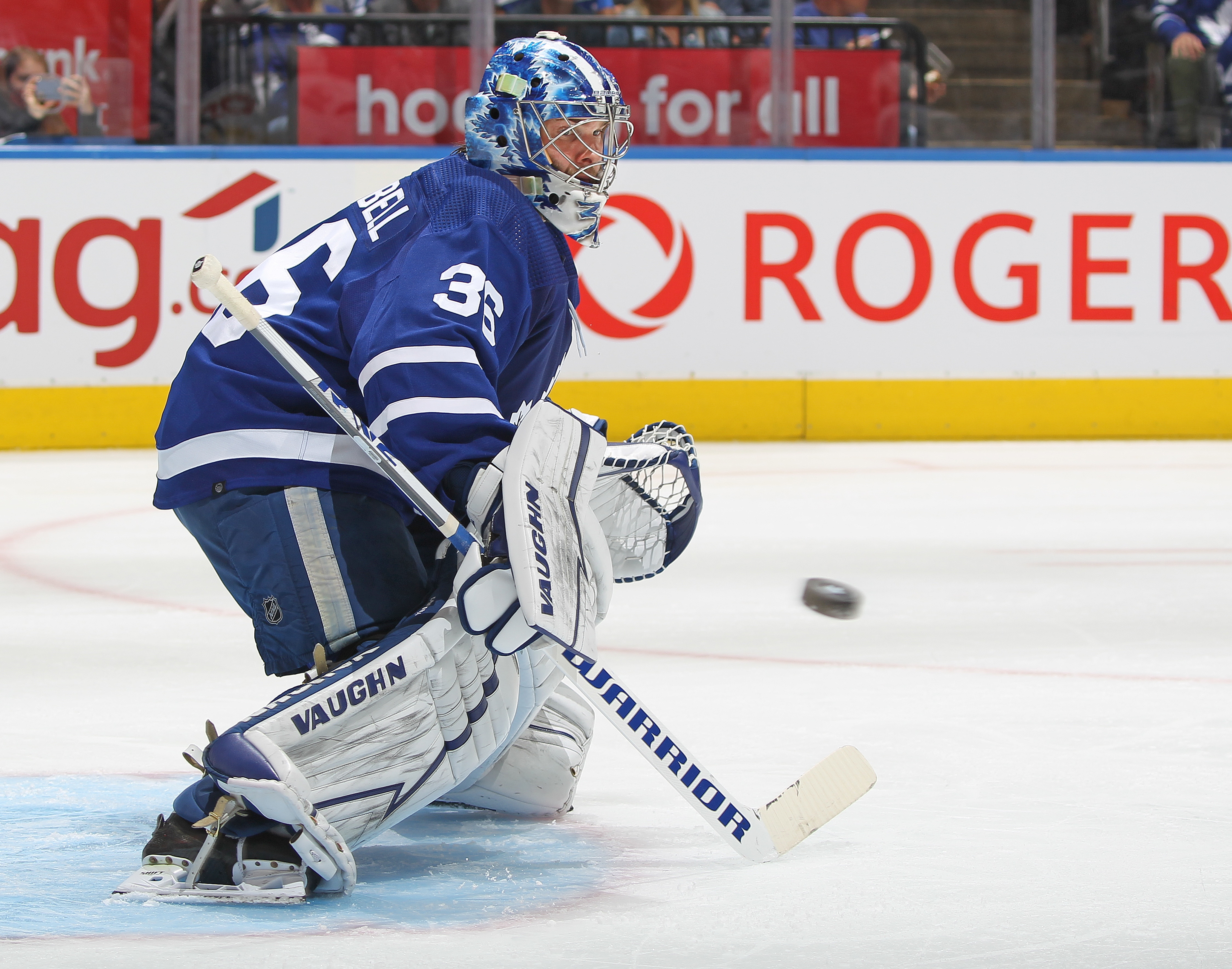 TORONTO, ON - MAY 14:  Jack Campbell #36 of the Toronto Maple Leafs looks to make a save against the Tampa Bay Lightning during Game Seven of the First Round of the 2022 Stanley Cup Playoffs at Scotiabank Arena on May 14, 2022 in Toronto, Ontario, Canada. ( Photo by Claus Andersen/Getty images)