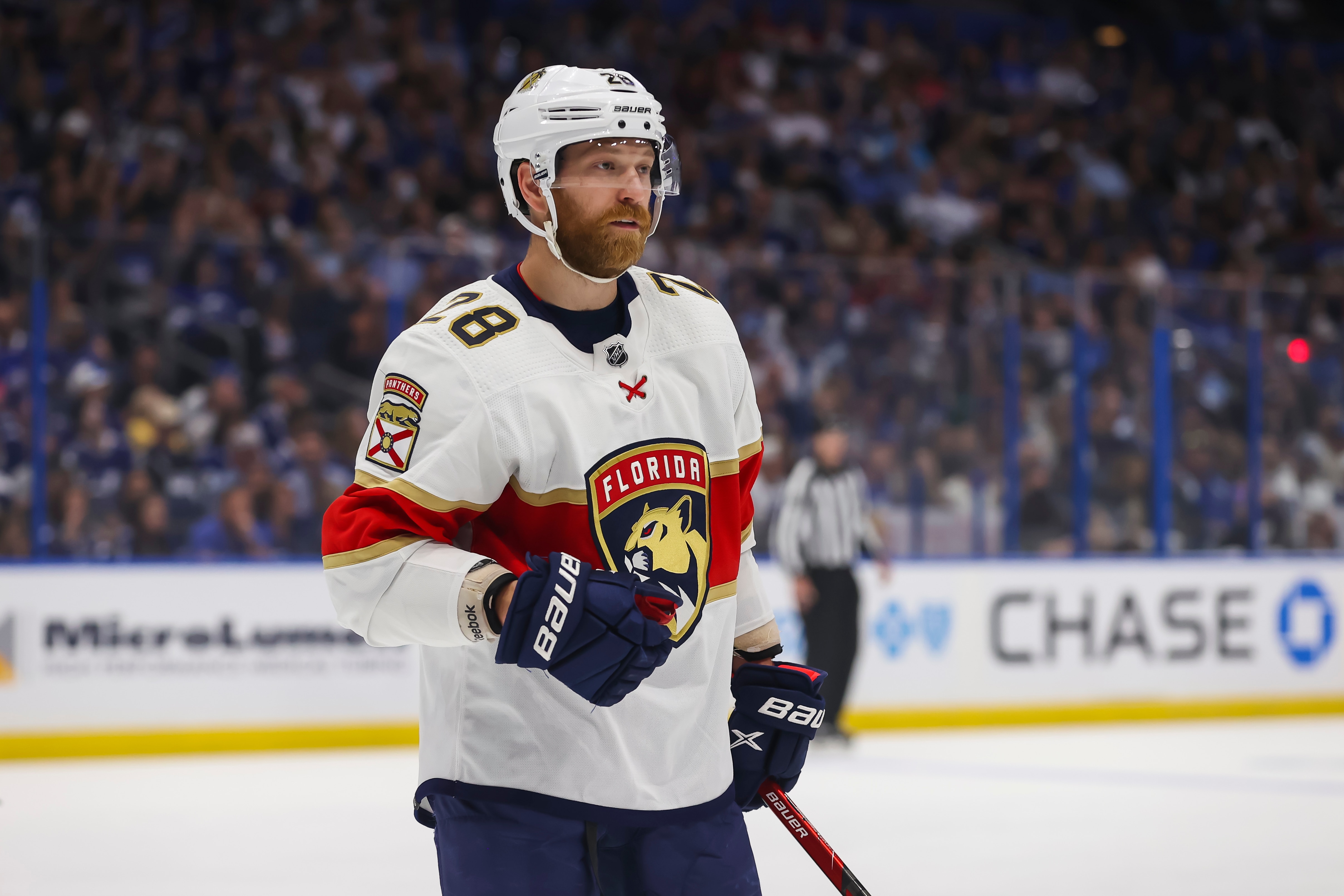 TAMPA, FL - MAY 22: Claude Giroux #28 of the Florida Panthers against the Tampa Bay Lightning during the first period in Game Three of the Second Round of the 2022 Stanley Cup Playoffs at Amalie Arena on May 22, 2022 in Tampa, Florida. (Photo by Mark LoMoglio/NHLI via Getty Images)