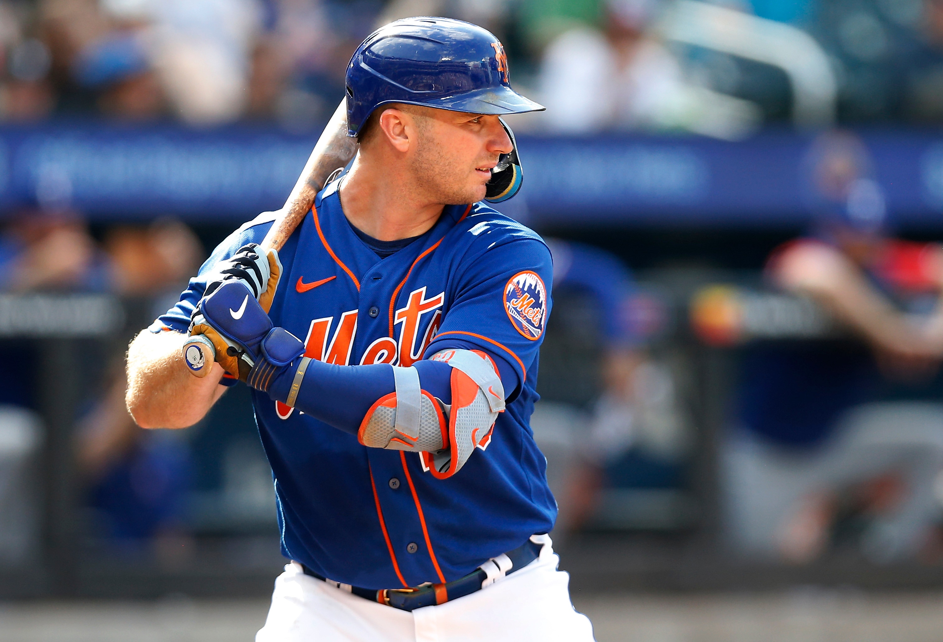 NEW YORK, NEW YORK - JULY 02:  Pete Alonso #20 of the New York Mets in action against the Texas Rangers at Citi Field on July 02, 2022 in New York City. The Rangers defeated the Mets 7-3. (Photo by Jim McIsaac/Getty Images)