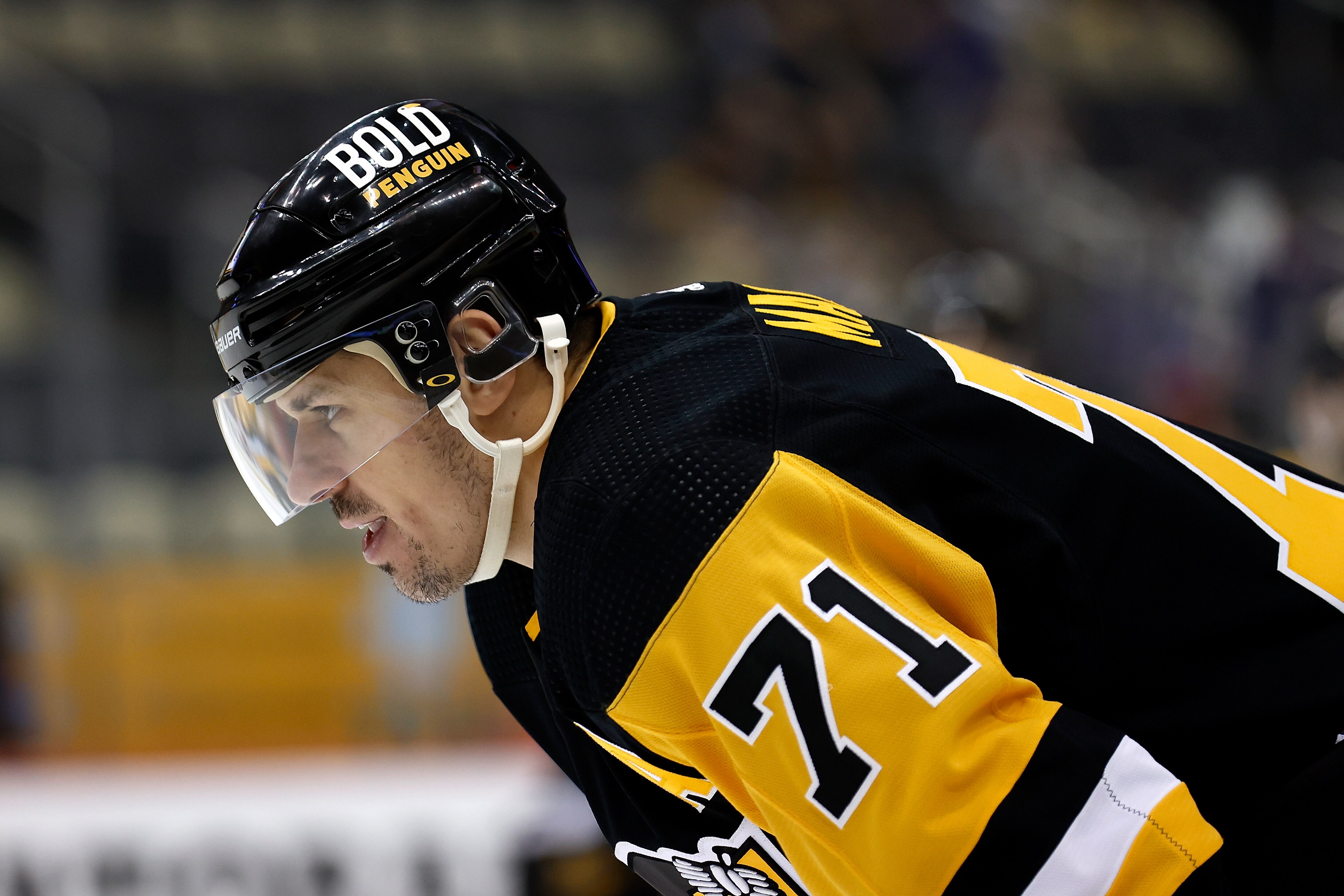 PITTSBURGH, PA - MAY 13:  Evgeni Malkin #71 of the Pittsburgh Penguins warms up prior to the start of Game Six of the First Round of the 2022 Stanley Cup Playoffs against the New York Rangers at PPG PAINTS Arena on May 13, 2022 in Pittsburgh, Pennsylvania. (Photo by Kirk Irwin/Getty Images)
