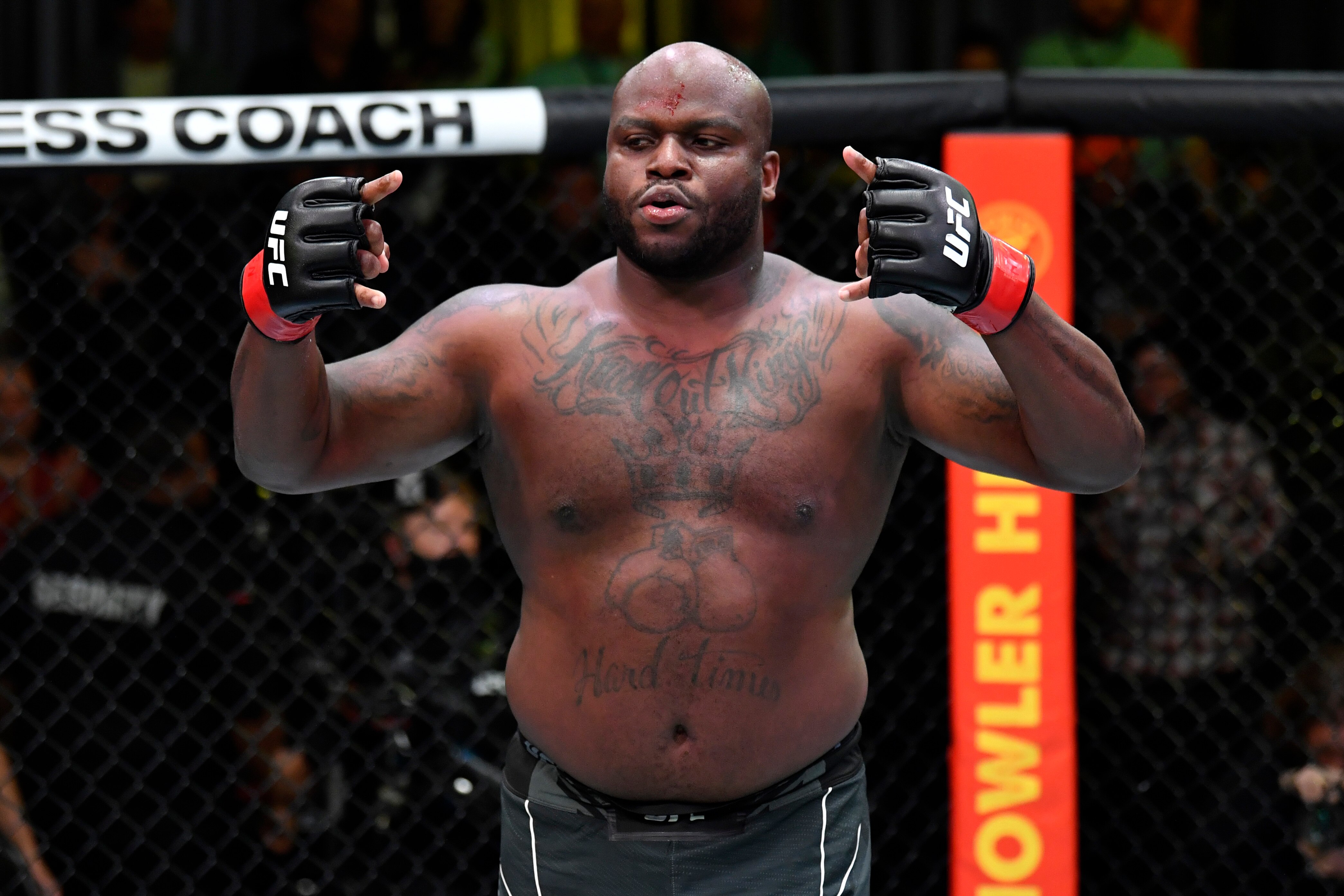 LAS VEGAS, NEVADA - DECEMBER 18: Derrick Lewis celebrates after his knockout victory over Chris Daukaus in their heavyweight fight during the UFC Fight Night event at UFC APEX on December 18, 2021 in Las Vegas, Nevada. (Photo by Jeff Bottari/Zuffa LLC)