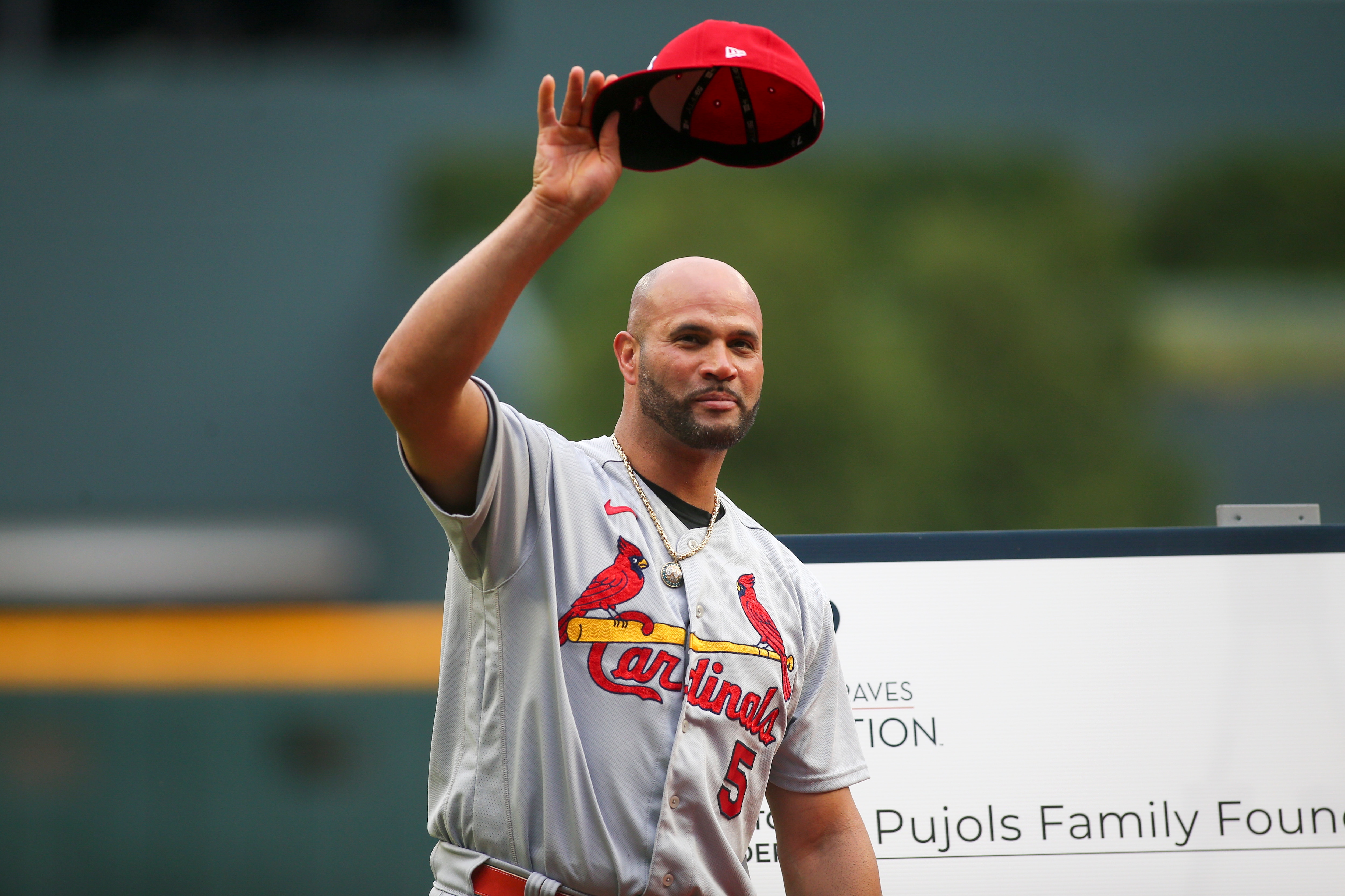 ATLANTA, GA - JULY 07: Albert Pujols #5 of the St. Louis Cardinals is honored before the game against the Atlanta Braves at Truist Park on July 7, 2022 in Atlanta, Georgia. (Photo by Brett Davis/Getty Images)