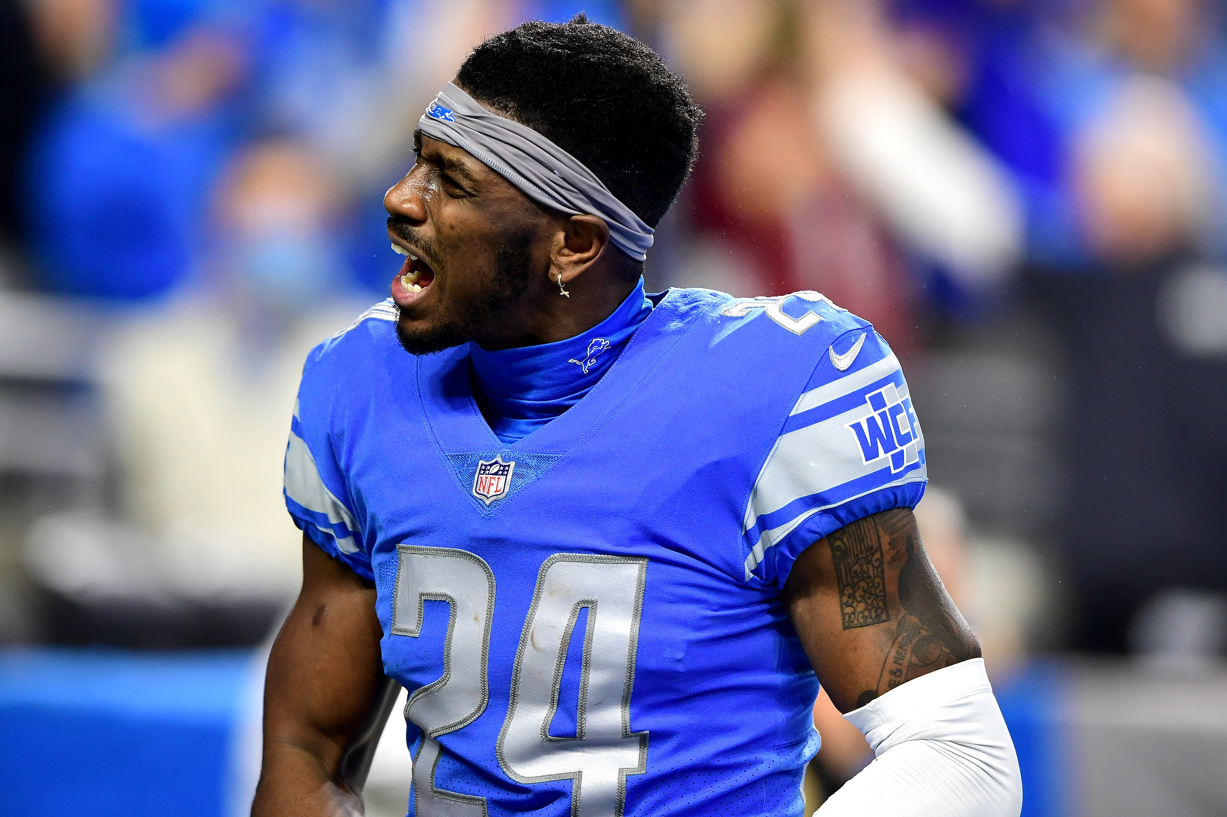 DETROIT, MICHIGAN - DECEMBER 19: Amani Oruwariye #24 of the Detroit Lions celebrates after their win against the Arizona Cardinals at Ford Field on December 19, 2021 in Detroit, Michigan. (Photo by Emilee Chinn/Getty Images)