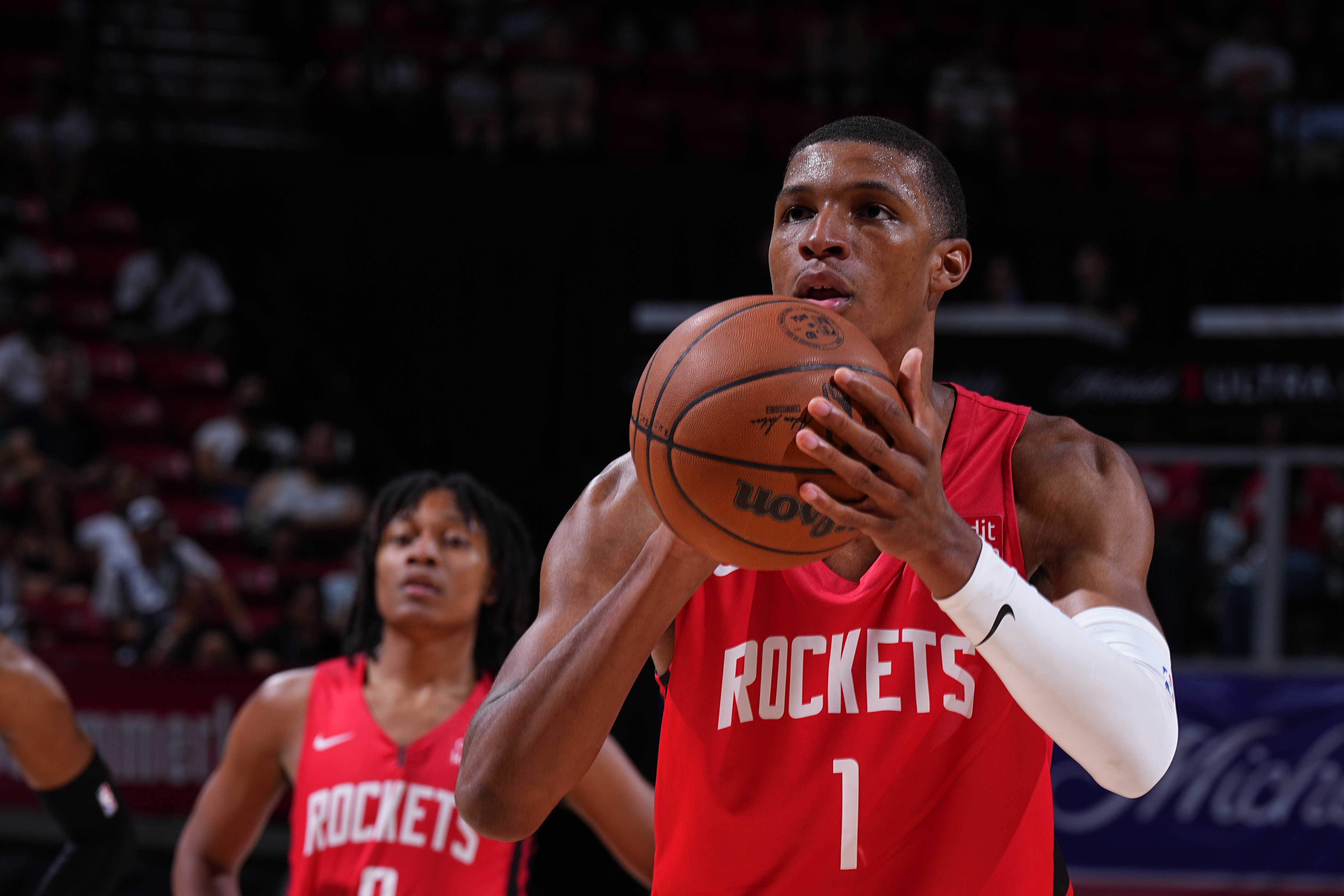 Las Vegas, NV - JULY 11: Jabari Smith Jr. #1 of the Houston Rockets prepares to shoot a free throw against the San Antonio Spurs during the 2022 Summer League on July 11, 2022 at the Thomas & Mack Center in Las Vegas, Nevada. NOTE TO USER: User expressly acknowledges and agrees that, by downloading and/or using this Photograph, user is consenting to the terms and conditions of the Getty Images License Agreement. Mandatory Copyright Notice: Copyright 2022 NBAE (Photo by Garrett Ellwood/NBAE via Getty Images)