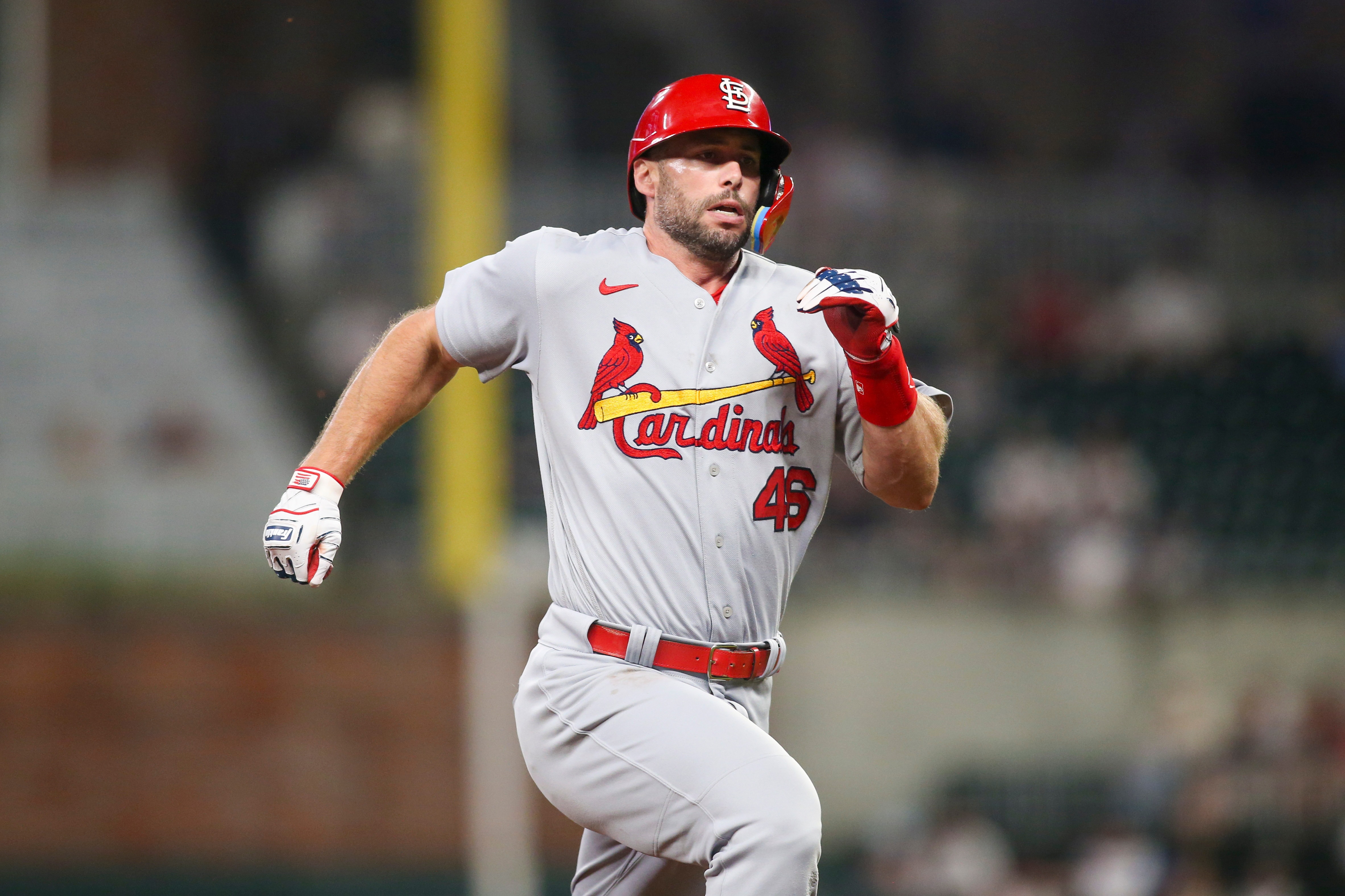 ATLANTA, GA - JULY 04: Paul Goldschmidt #46 of the St. Louis Cardinals runs to third against the Atlanta Braves in the fifth inning at Truist Park on July 4, 2022 in Atlanta, Georgia. (Photo by Brett Davis/Getty Images)
