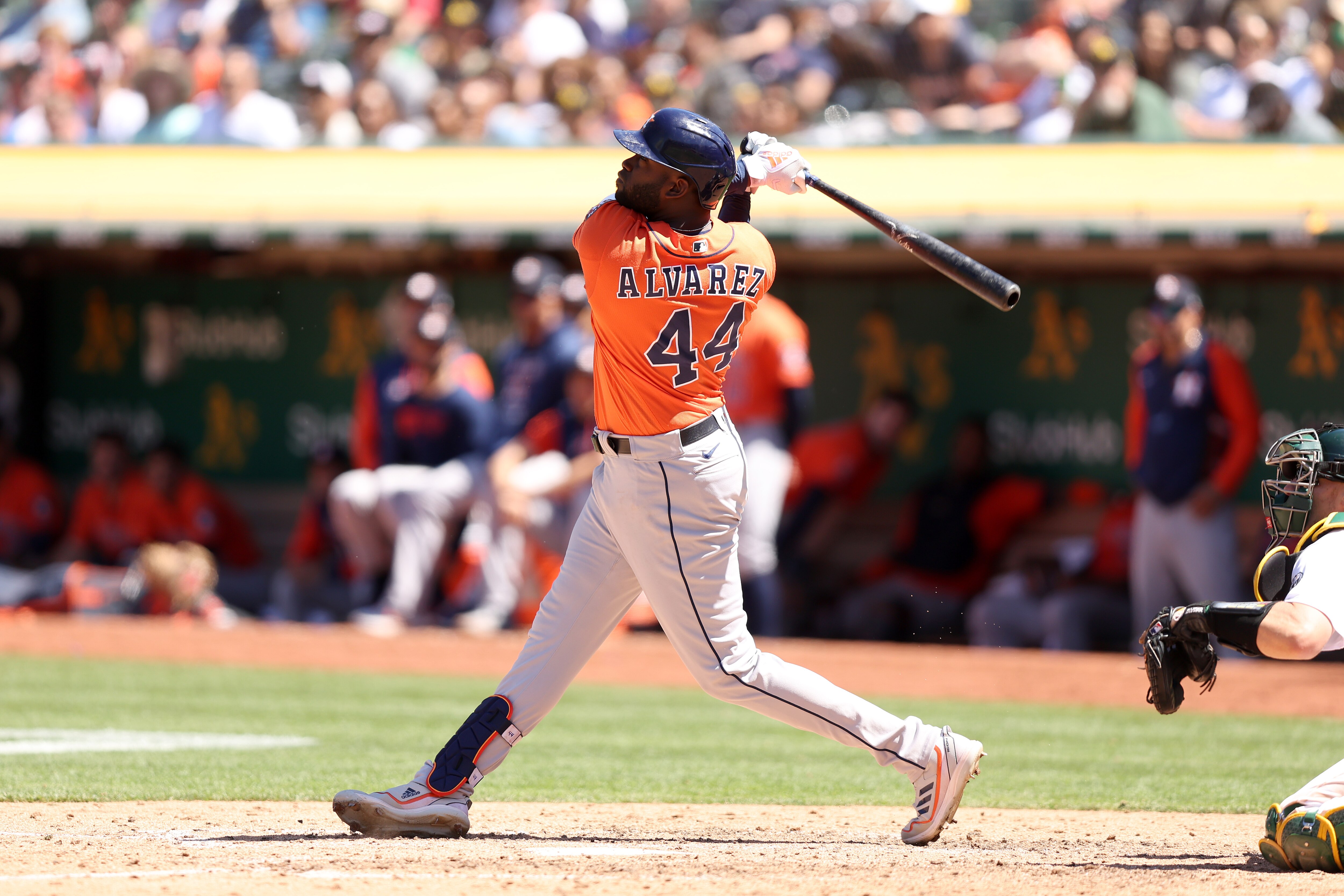 OAKLAND, CALIFORNIA - JULY 09: Yordan Alvarez #44 of the Houston Astros bats against the Oakland Athletics at RingCentral Coliseum on July 09, 2022 in Oakland, California. (Photo by Ezra Shaw/Getty Images)