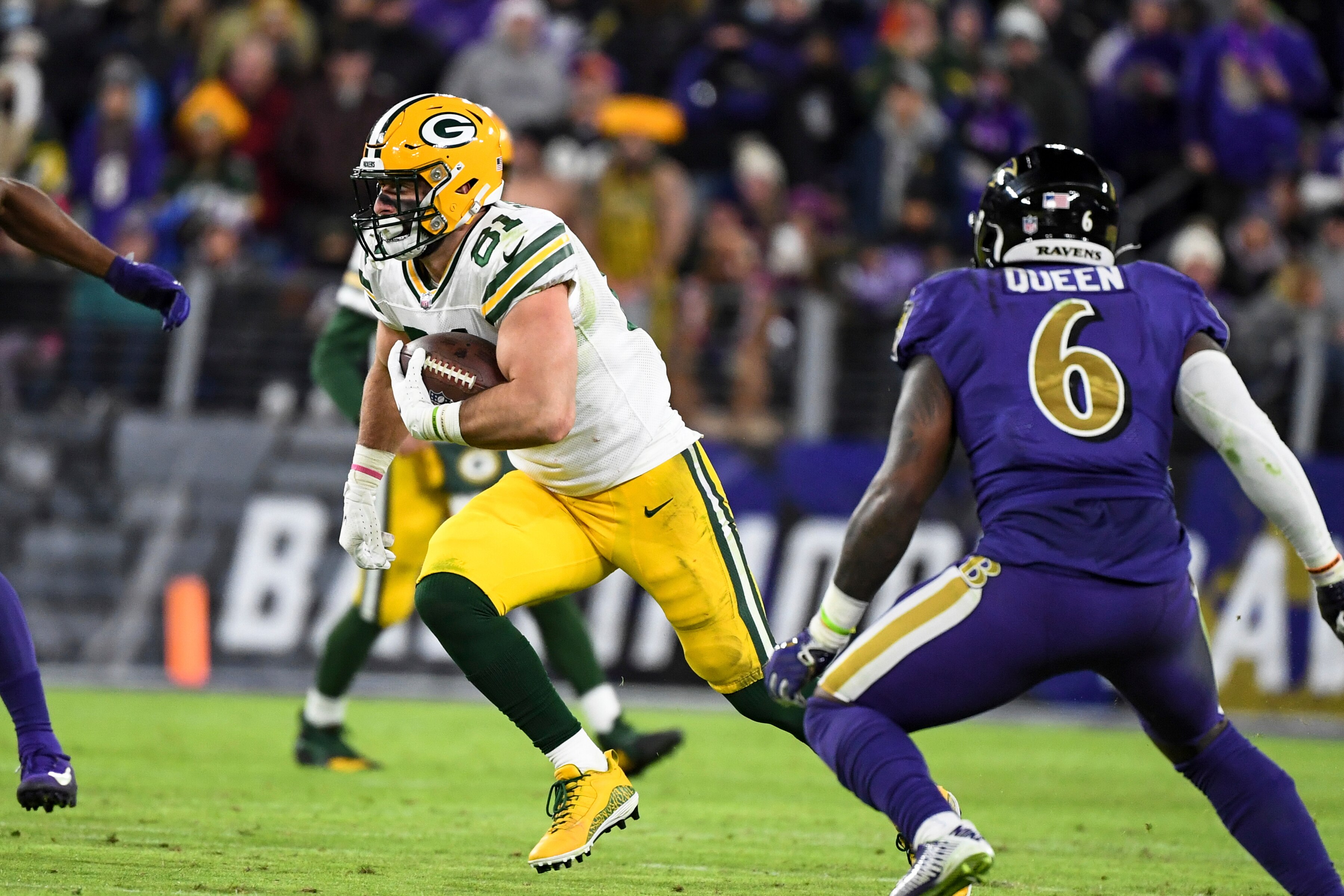 Green Bay Packers tight end Josiah Deguara (81) runs the ball during the second half of an NFL football game against the Baltimore Ravens, Sunday, Dec. 19, 2021, in Baltimore. (AP Photo/Terrance Williams)