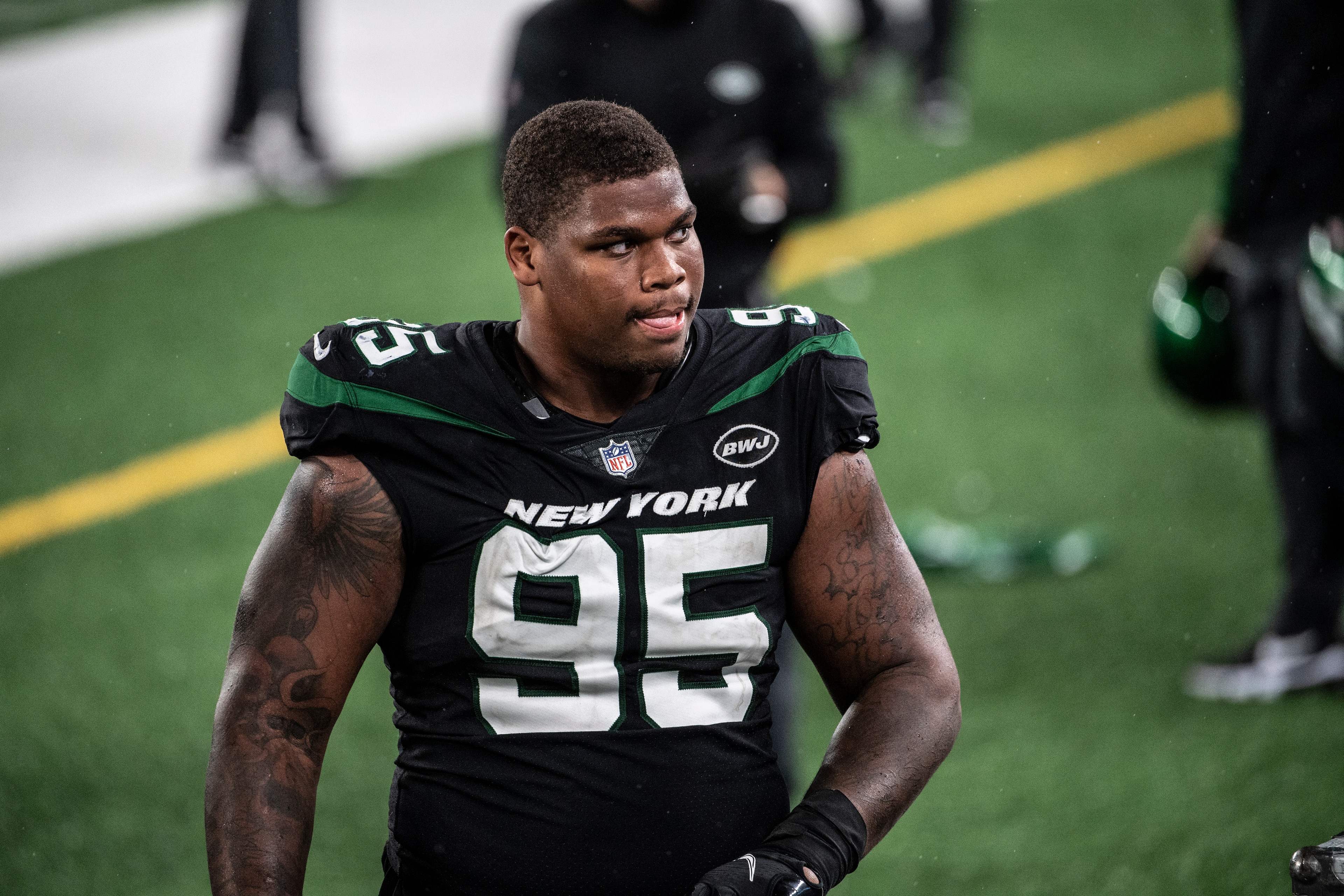 EAST RUTHERFORD, NJ - OCTOBER 01: Quinnen Williams #95 of the New York Jets at MetLife Stadium on October 1, 2020 in East Rutherford, New Jersey. (Photo by Benjamin Solomon/Getty Images)
