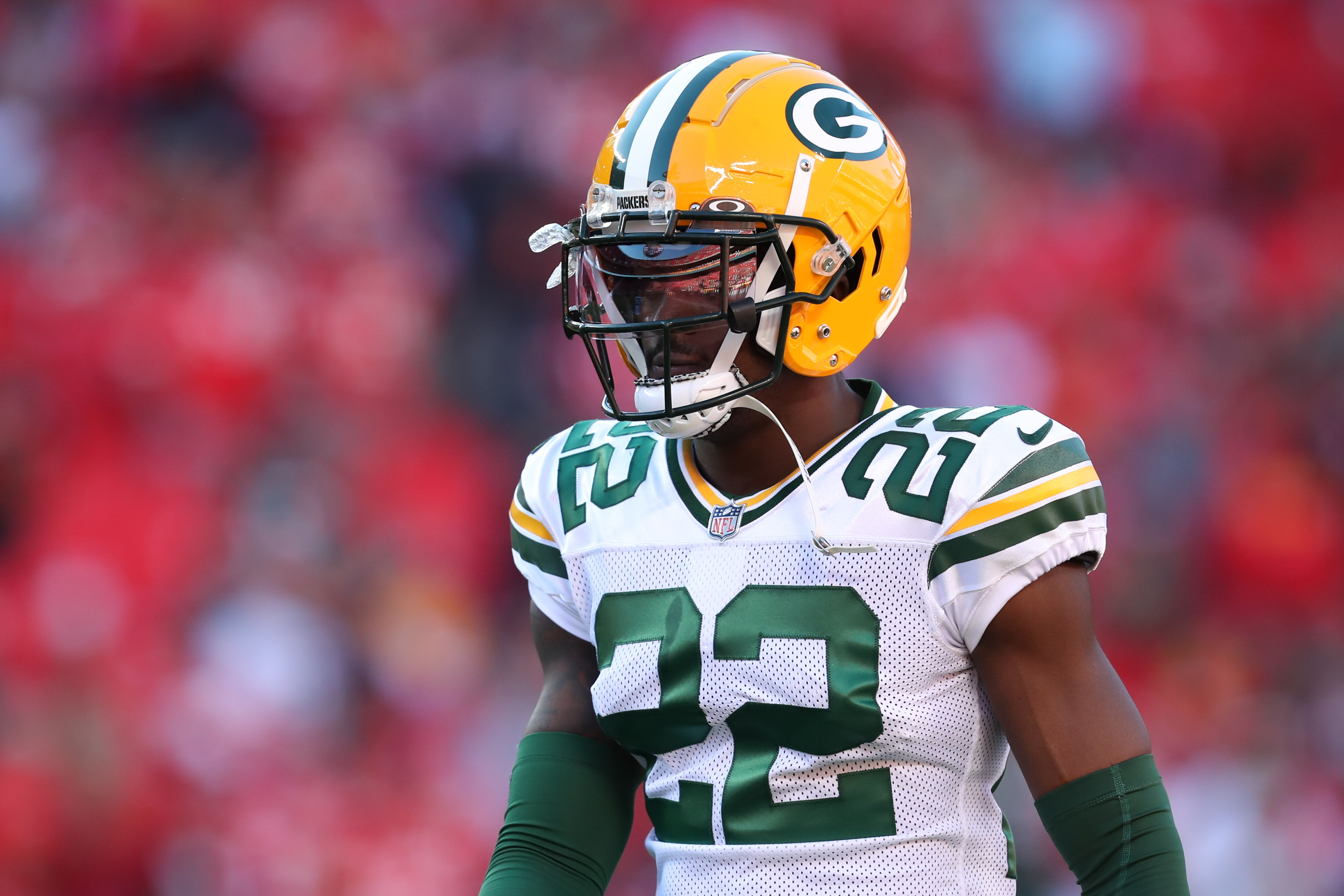 KANSAS CITY, MO - NOVEMBER 07: Green Bay Packers cornerback Shemar Jean-Charles (22) before an NFL game between the Green Bay Packers and Kansas City Chiefs on Nov 7, 2021 at GEHA Field at Arrowhead Stadium in Kansas City, MO. (Photo by Scott Winters/Icon Sportswire via Getty Images)