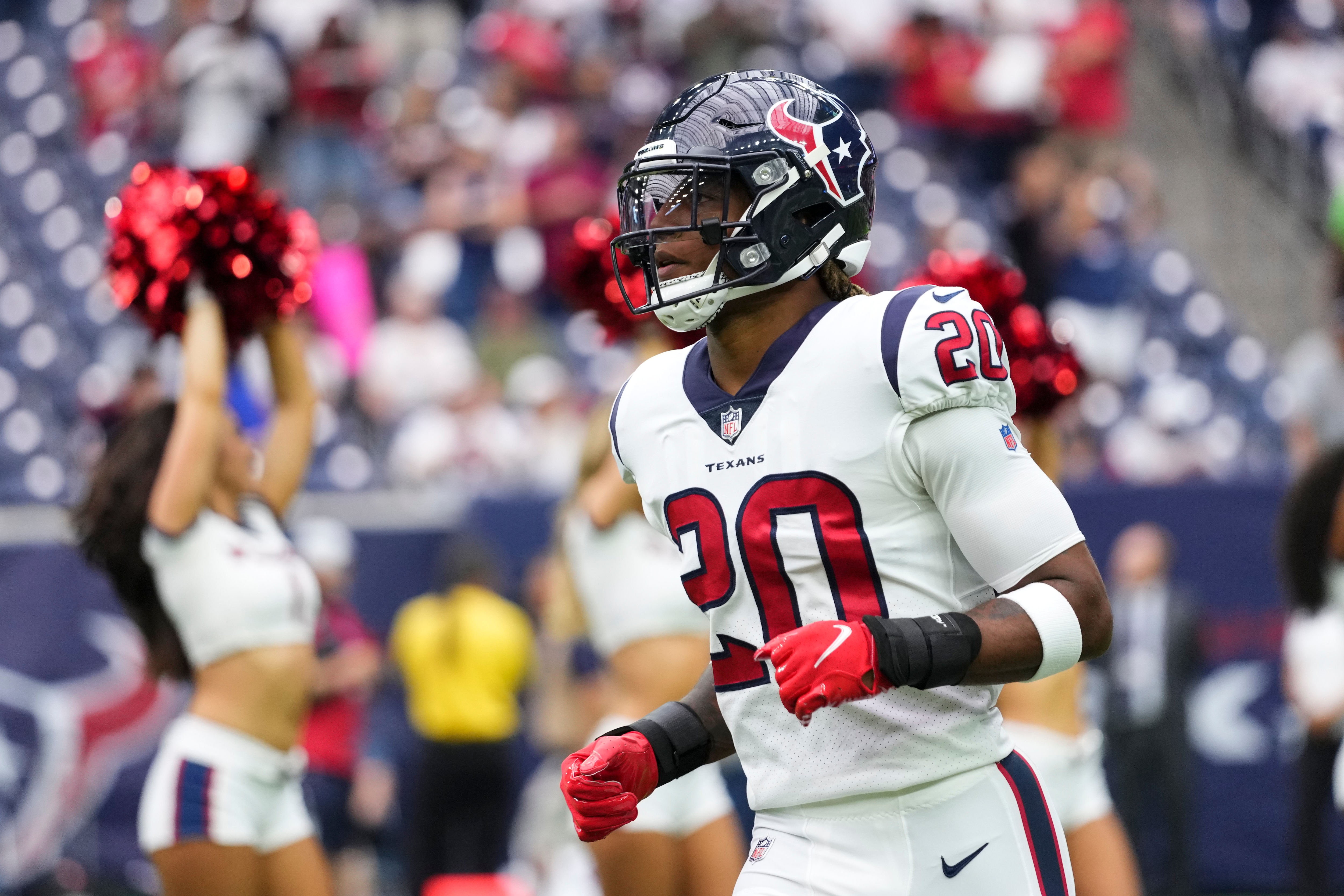 HOUSTON, TEXAS - SEPTEMBER 12: Justin Reid #20 of the Houston Texans runs onto the field during introductions against the Jacksonville Jaguars prior to an NFL game at NRG Stadium on September 12, 2021 in Houston, Texas. (Photo by Cooper Neill/Getty Images)
