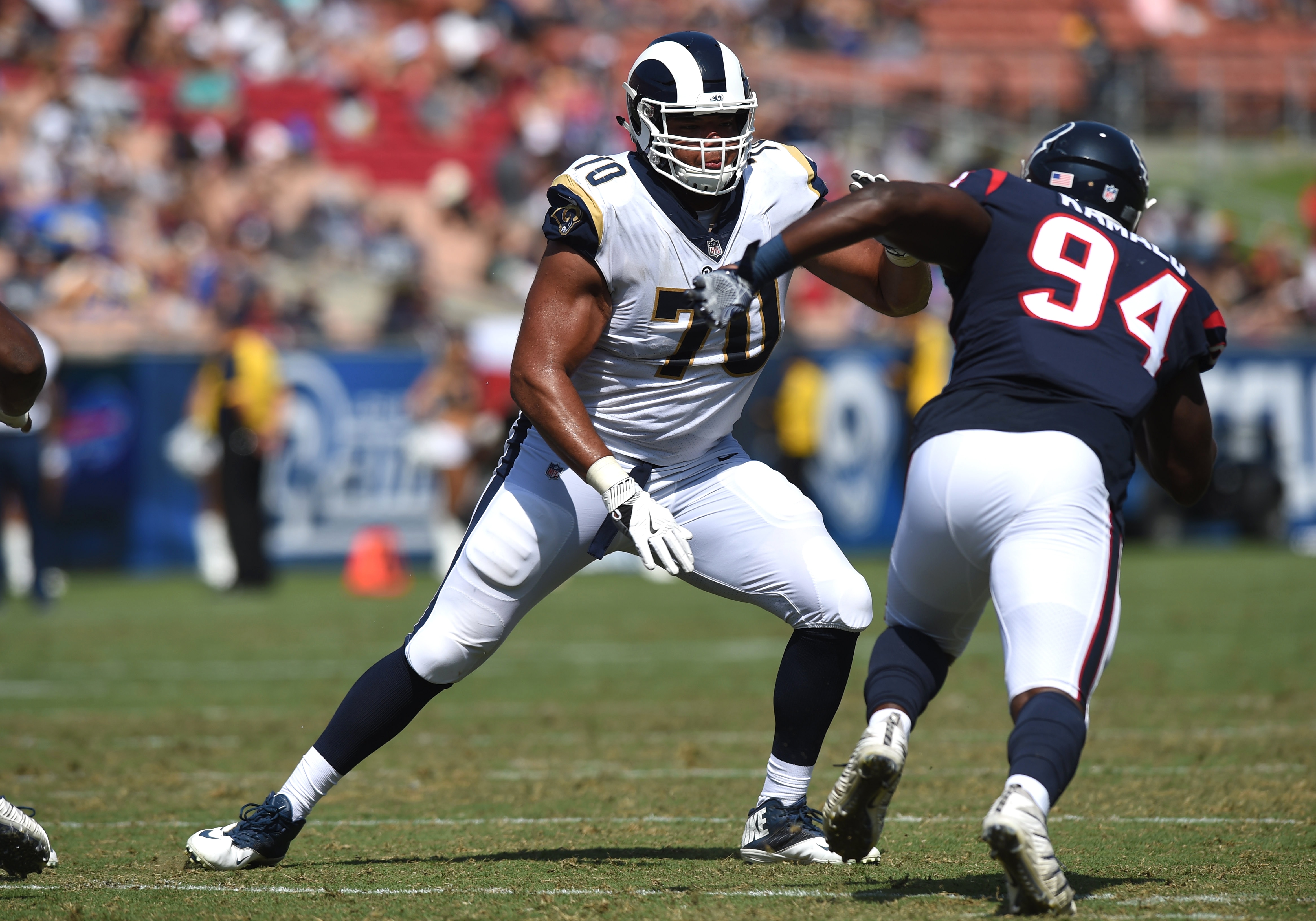 LOS ANGELES, CA - AUGUST 25: Los Angeles Rams (70) Joseph Noteboom (OT) blocks during an NFL preseason game between the Houston Texans and the Los Angeles Rams on August 25, 2018 at the Los Angeles Memorial Coliseum in Los Angeles, CA. (Photo by Chris Williams/Icon Sportswire via Getty Images)