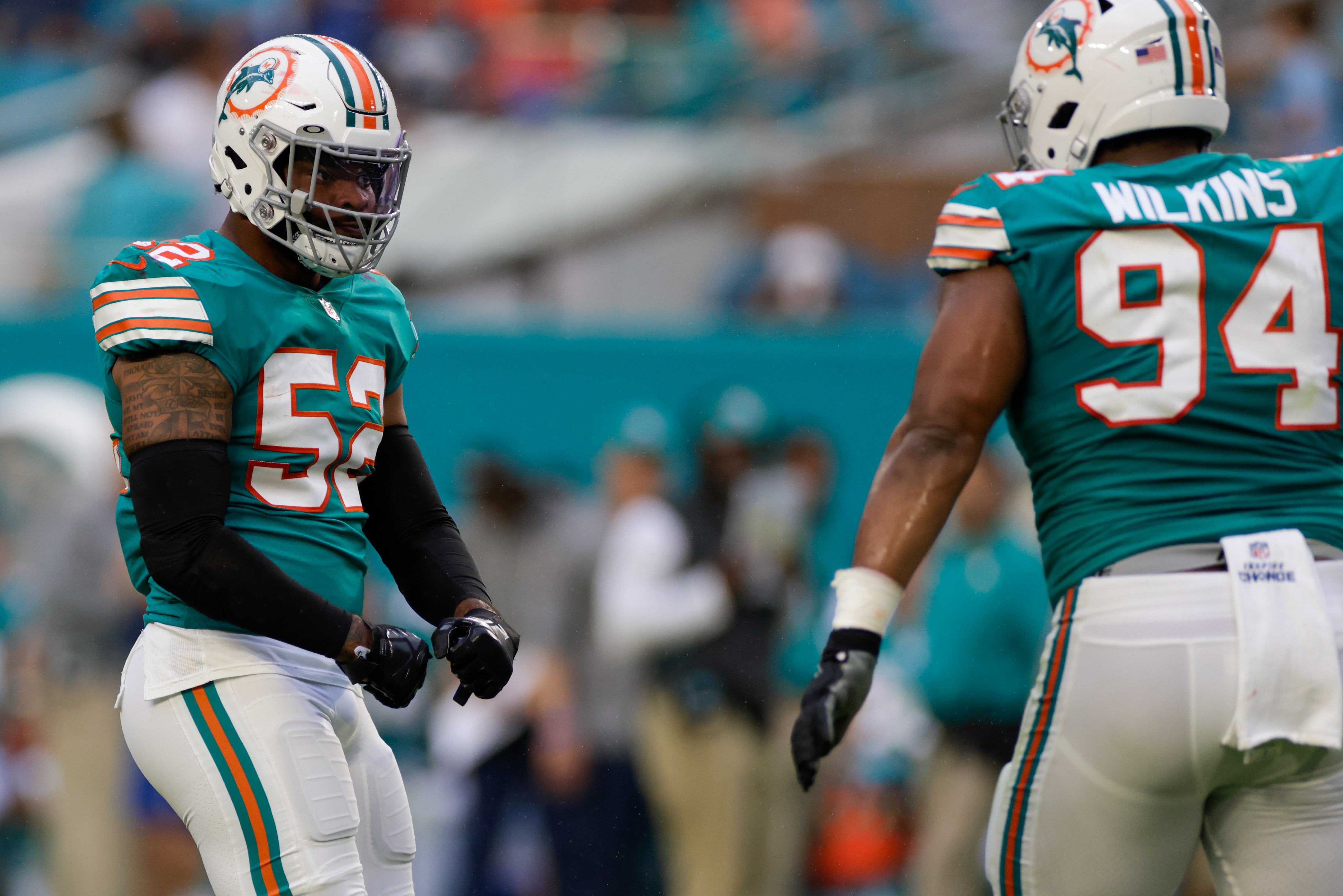 MIAMI GARDENS, FL - JANUARY 09: Miami Dolphins outside linebacker Jerome Baker (55) reacts after a play during the game between the New England Patriots and the Miami Dolphins on January 9, 2022 at Hard Rock Stadium in Miami Gardens, Fl. (Photo by David Rosenblum/Icon Sportswire via Getty Images)