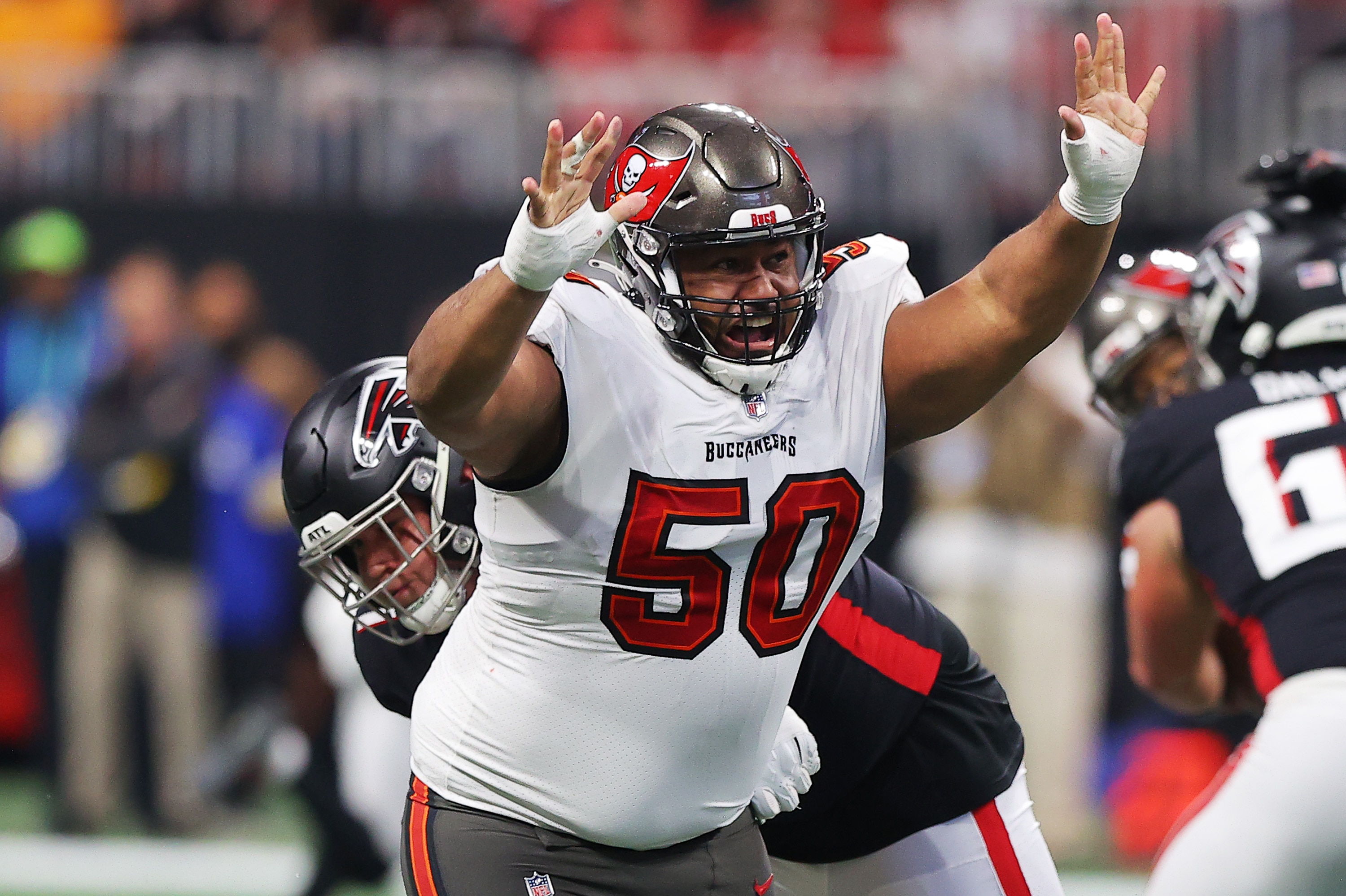 ATLANTA, GEORGIA - DECEMBER 05: Vita Vea #50 of the Tampa Bay Buccaneers applying pressure during the second quarter against the Atlanta Falcons at Mercedes-Benz Stadium on December 05, 2021 in Atlanta, Georgia. (Photo by Todd Kirkland/Getty Images)