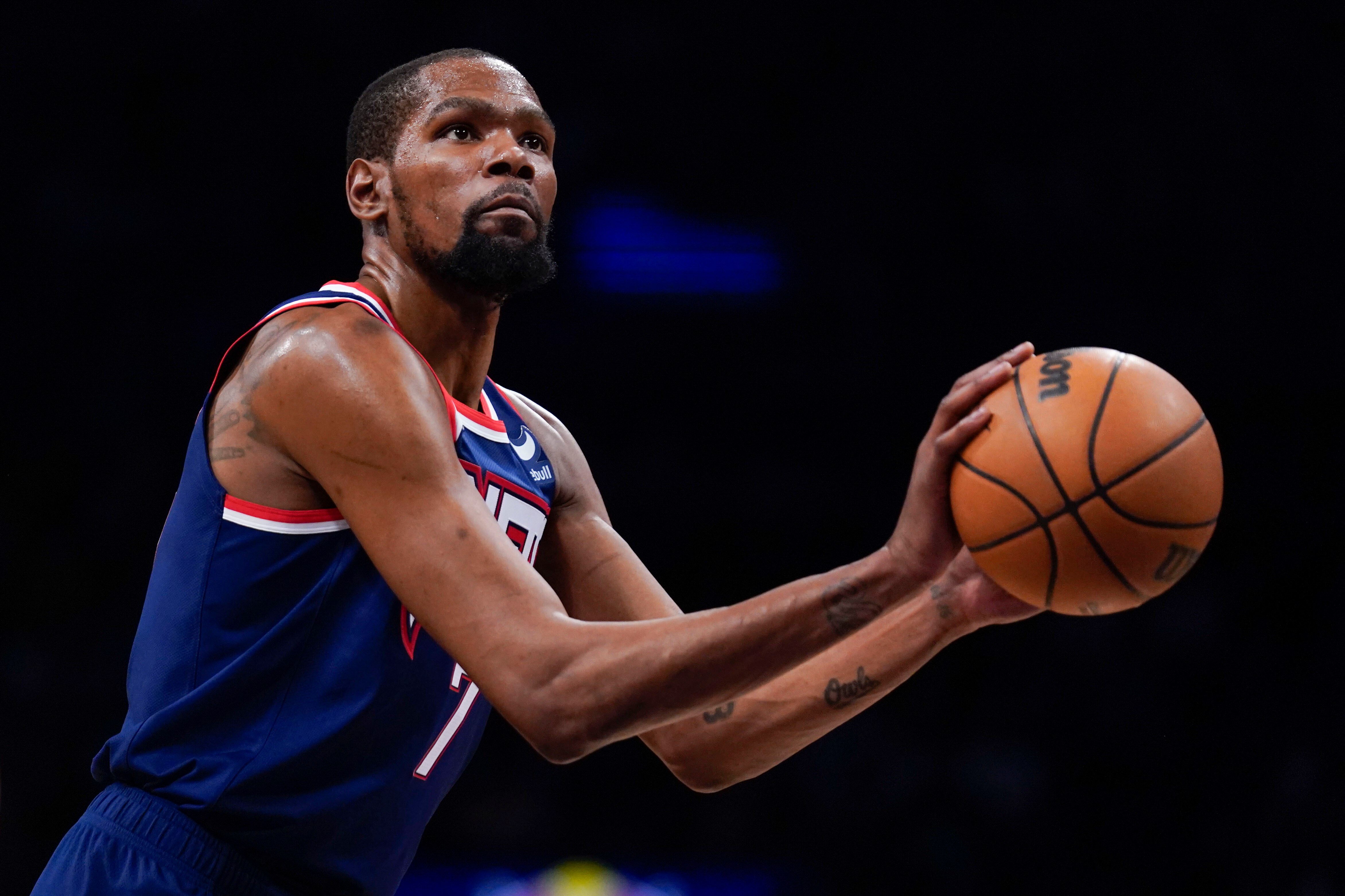 Brooklyn Nets' Kevin Durant during the second half of an NBA basketball game against the Indiana Pacers at the Barclays Center, Sunday, Apr. 10, 2022, in New York. The Nets defeated the Pacers 134-126. (AP Photo/Seth Wenig)