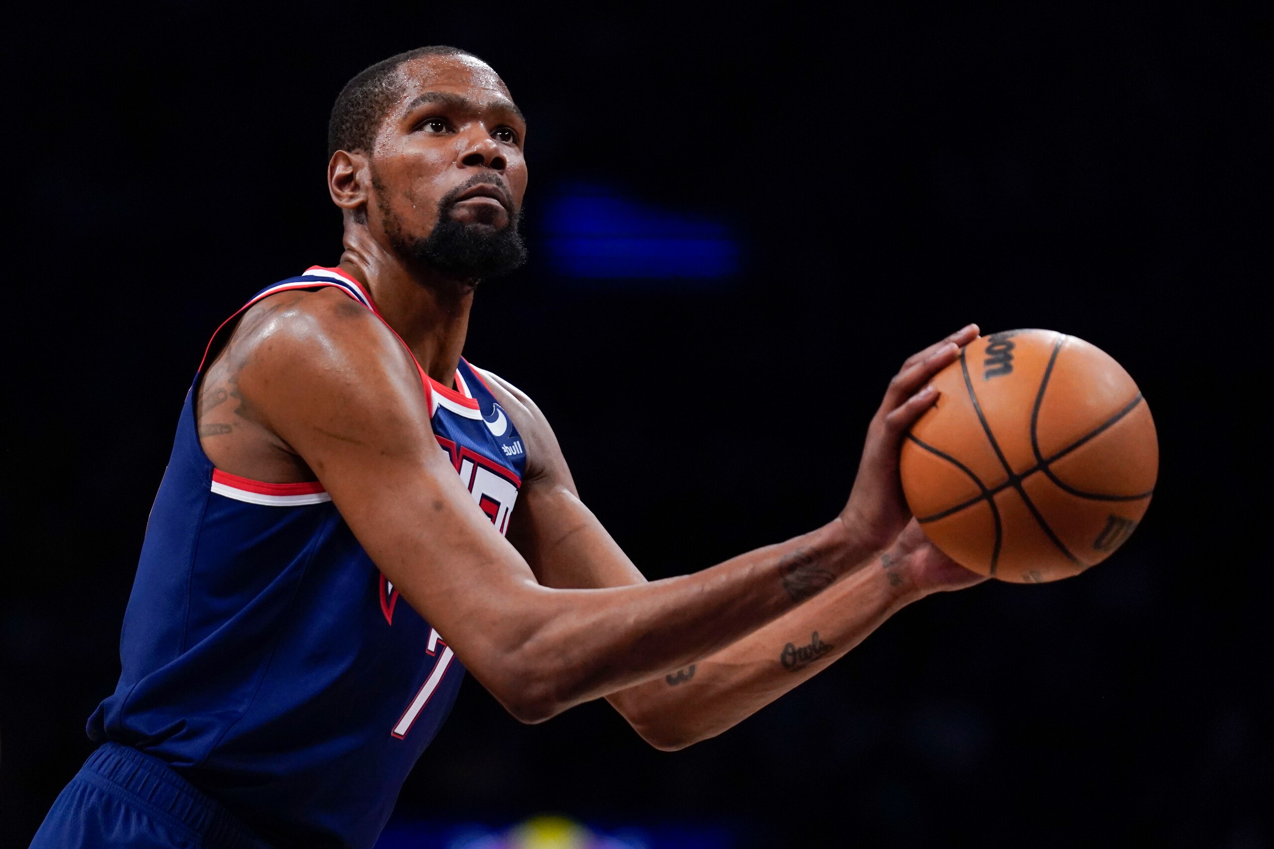 Brooklyn Nets' Kevin Durant during the second half of an NBA basketball game against the Indiana Pacers at the Barclays Center, Sunday, Apr. 10, 2022, in New York. The Nets defeated the Pacers 134-126. (AP Photo/Seth Wenig)
