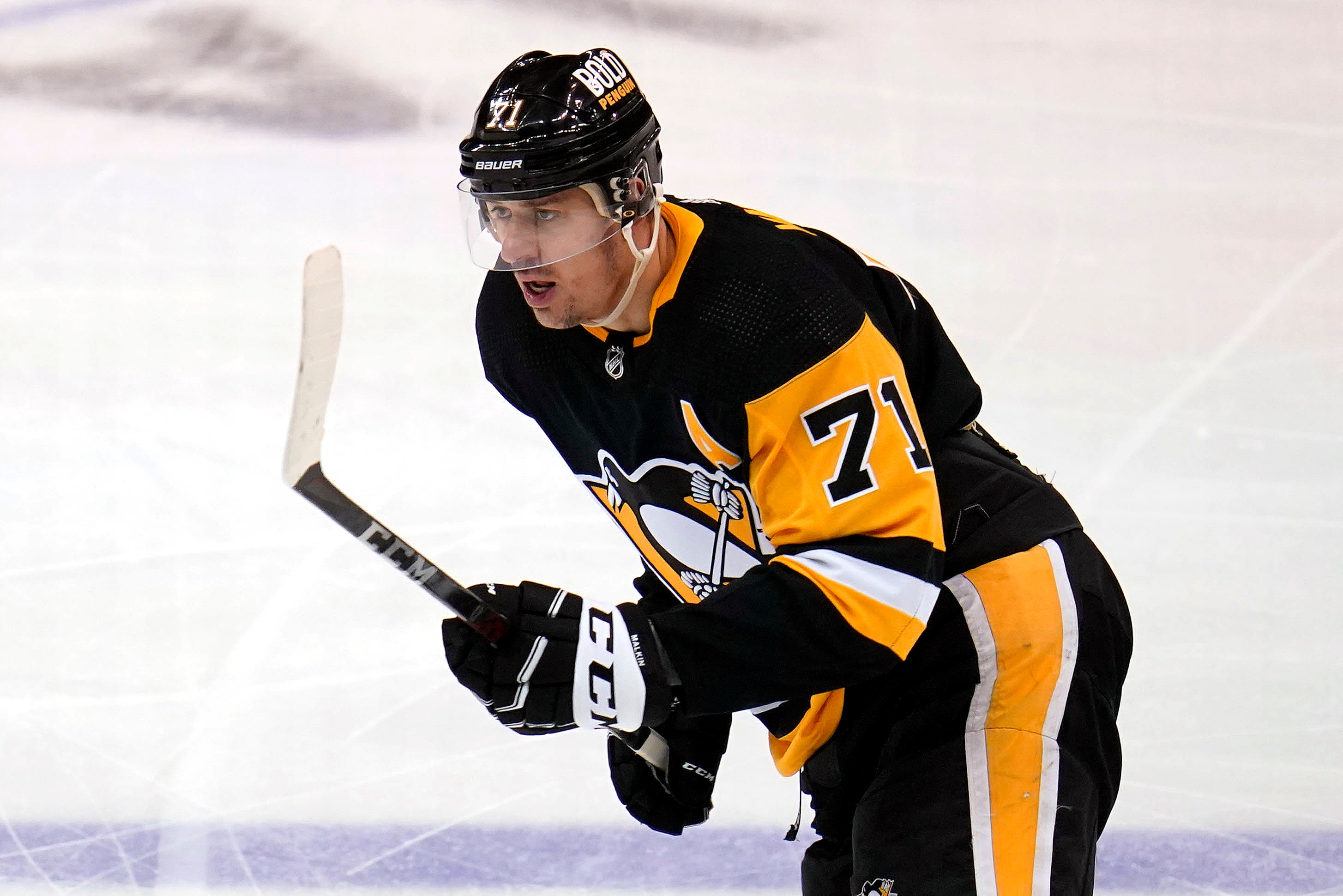 Pittsburgh Penguins' Evgeni Malkin (71) plays in Game 6 of an NHL hockey Stanley Cup first-round playoff series against the New York Rangers in Pittsburgh, Friday, May 13, 2022. The Rangers won 5-3. (AP Photo/Gene J. Puskar)