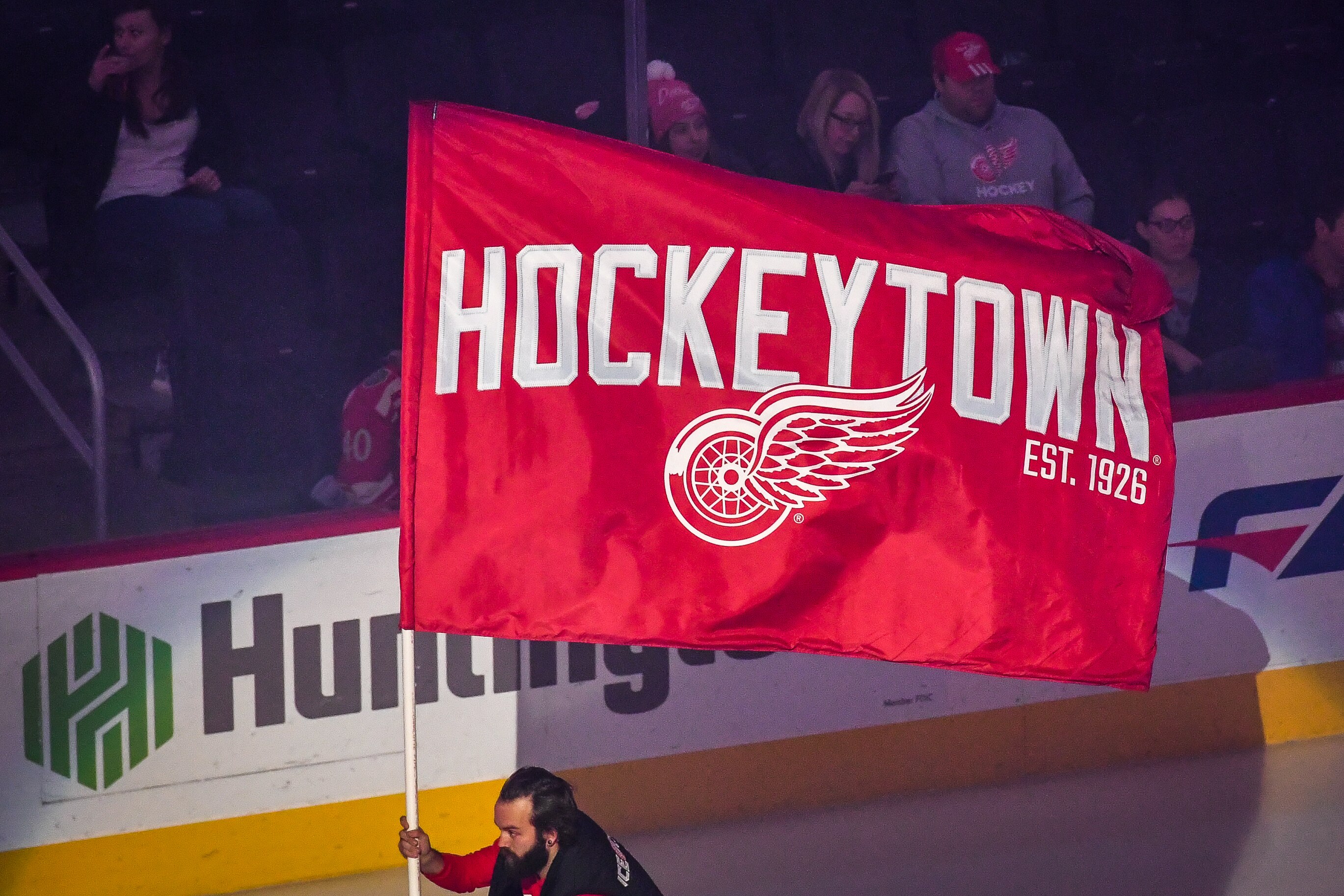 DETROIT, MI - JANUARY 07: The Detroit Red Wings Hockeytown logo flags prior to the Detroit Red Wings game versus the Montreal Canadiens on January 7, 2020, at Little Caesars Arena in Detroit, Michigan. (Photo by Steven King/Icon Sportswire via Getty Images)