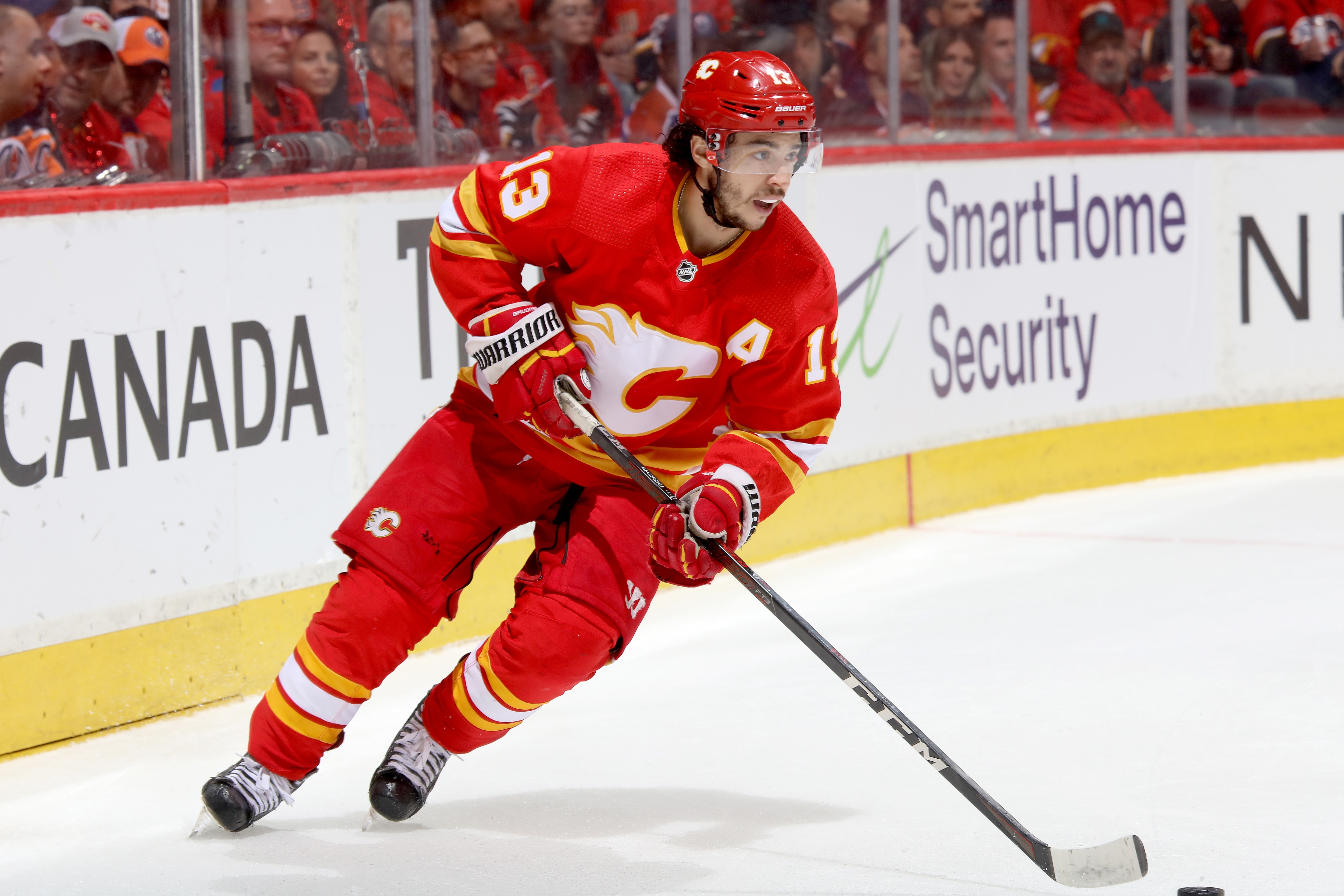 CALGARY, ALBERTA - MAY 20: Johnny Gaudreau #13 of the Calgary Flames skates against the Edmonton Oilers in Game Two of the Second Round of the 2022 Stanley Cup Playoffs at Scotiabank Saddledome on May 20, 2022 in Calgary, Alberta. (Photo by Gerry Thomas/NHLI via Getty Images)