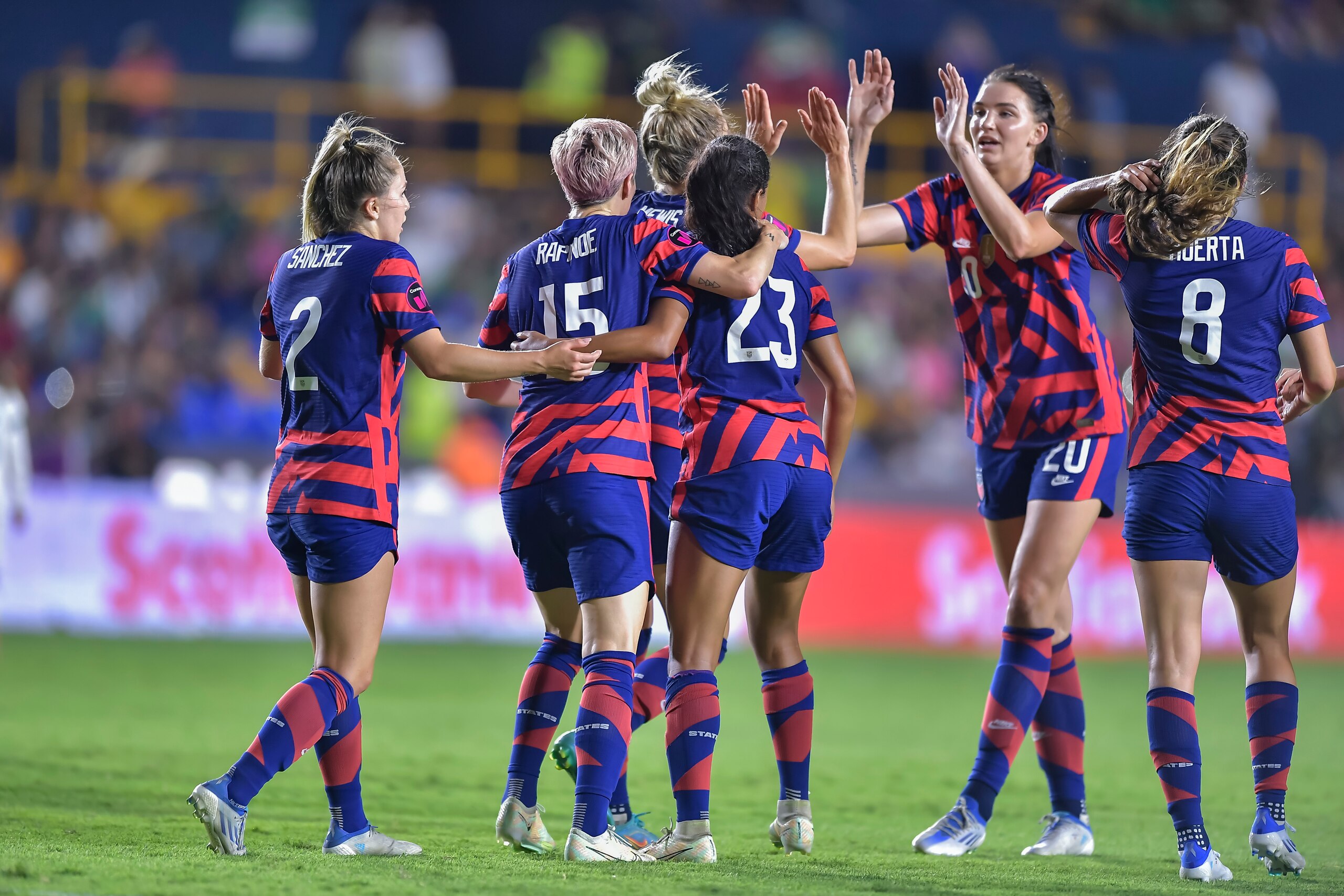 MONTERREY, MEXICO - JULY 11: Kristie Mewis of USA celebrates with teammates after scoring her team's first goal during the match between United States and Mexico as part of the 2022 Concacaf W Championship at Universitario Stadium on July 11, 2022 in Monterrey, Mexico. (Photo by Azael Rodriguez/Getty Images)