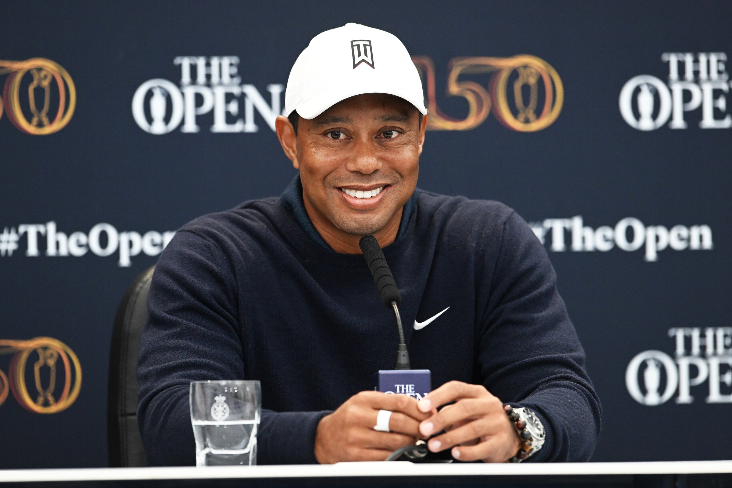 ST ANDREWS, SCOTLAND - JULY 12: Tiger Woods of The United States speaks to the media in a press conference during a practice round prior to The 150th Open at St Andrews Old Course on July 12, 2022 in St Andrews, Scotland.(Photo by Ross Parker/SNS Group via Getty Images)
