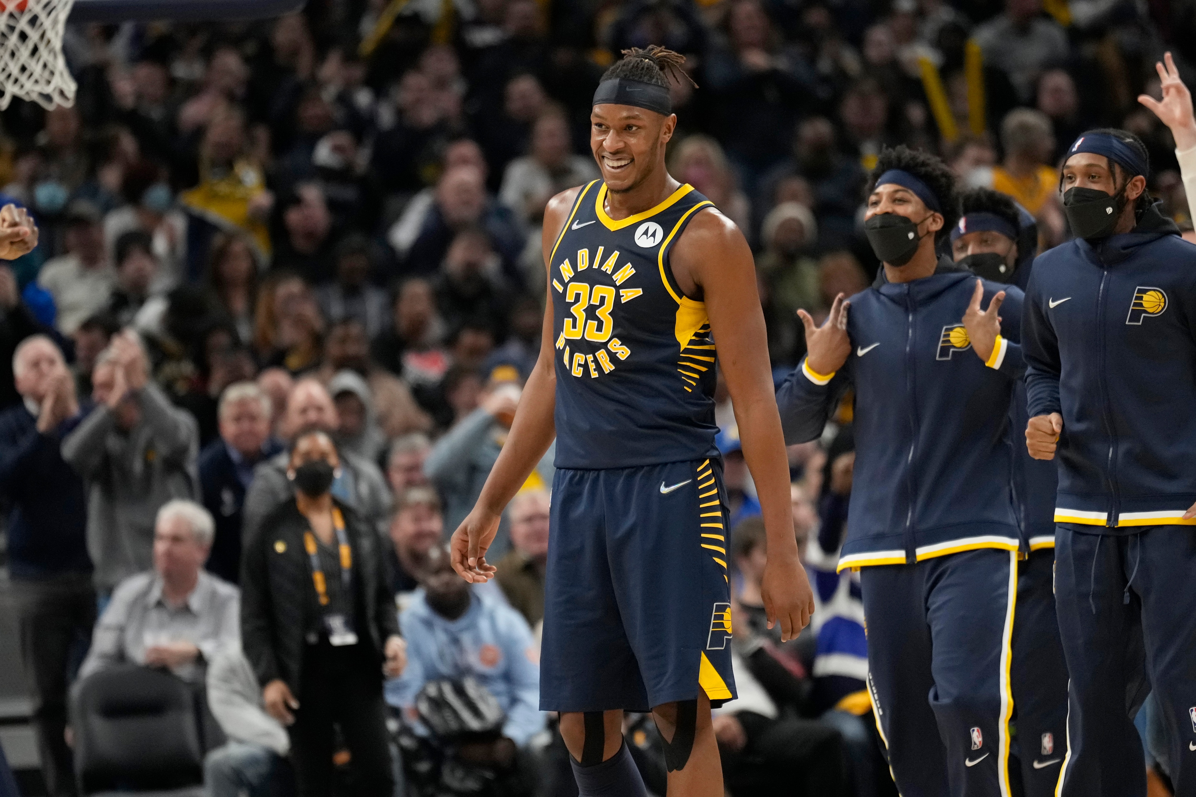 INDIANAPOLIS, IN - JANUARY 5: Myles Turner #33 of the Indiana Pacers reacts to a play during the game against the Brooklyn Nets on January 5, 2022 at Gainbridge Fieldhouse in Indianapolis, Indiana. NOTE TO USER: User expressly acknowledges and agrees that, by downloading and or using this Photograph, user is consenting to the terms and conditions of the Getty Images License Agreement. Mandatory Copyright Notice: Copyright 2022 NBAE (Photo by A.J. Mast/NBAE via Getty Images)