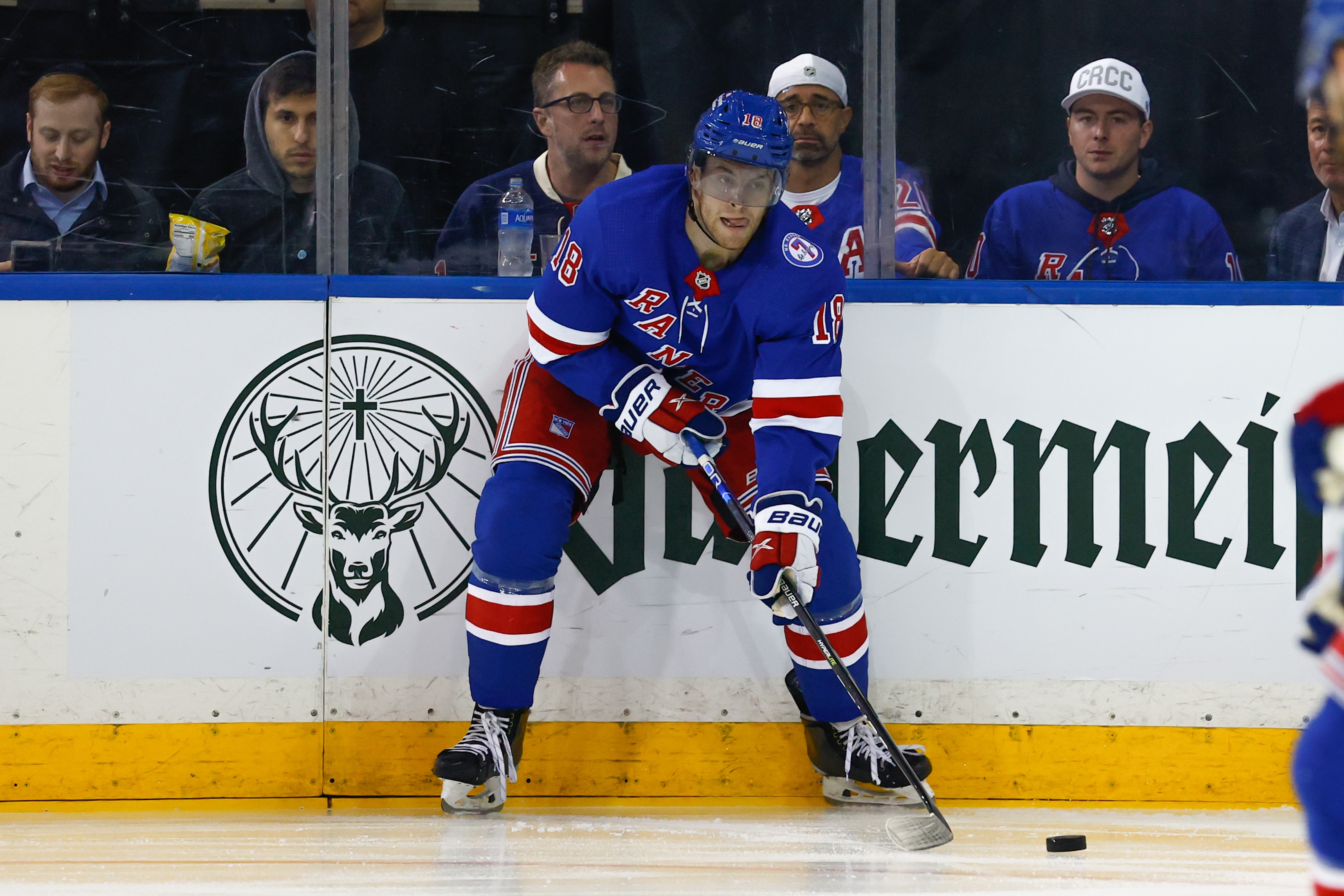 NEW YORK, NY - MAY 11:  New York Rangers center Andrew Copp (18) skates during  game 5 of round 1 of the Stanley Cup Playoffs between the New York Rangers and the Pittsburgh Penguins on May 11, 2022 at Madison Square Garden in New York City, New York (Photo by Rich Graessle/Icon Sportswire via Getty Images)