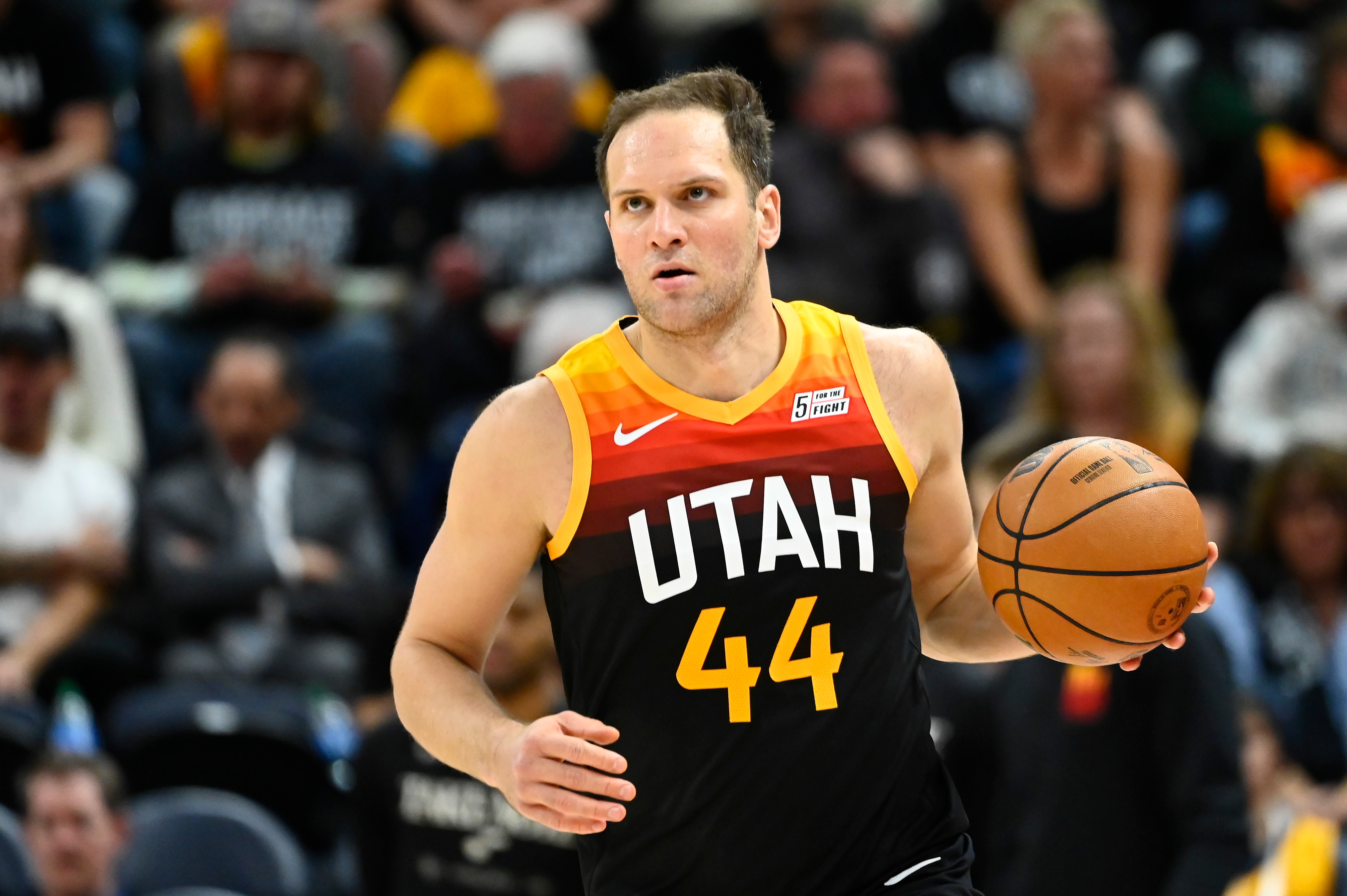 SALT LAKE CITY, UTAH - APRIL 28: Bojan Bogdanovic #44 of the Utah Jazz in action during the second half of Game 6 of the Western Conference First Round Playoffs against the Dallas Mavericks at Vivint Smart Home Arena on April 28, 2022 in Salt Lake City, Utah. NOTE TO USER: User expressly acknowledges and agrees that, by downloading and/or using this Photograph, user is consenting to the terms and conditions of the Getty Images License Agreement. (Photo by Alex Goodlett/Getty Images)