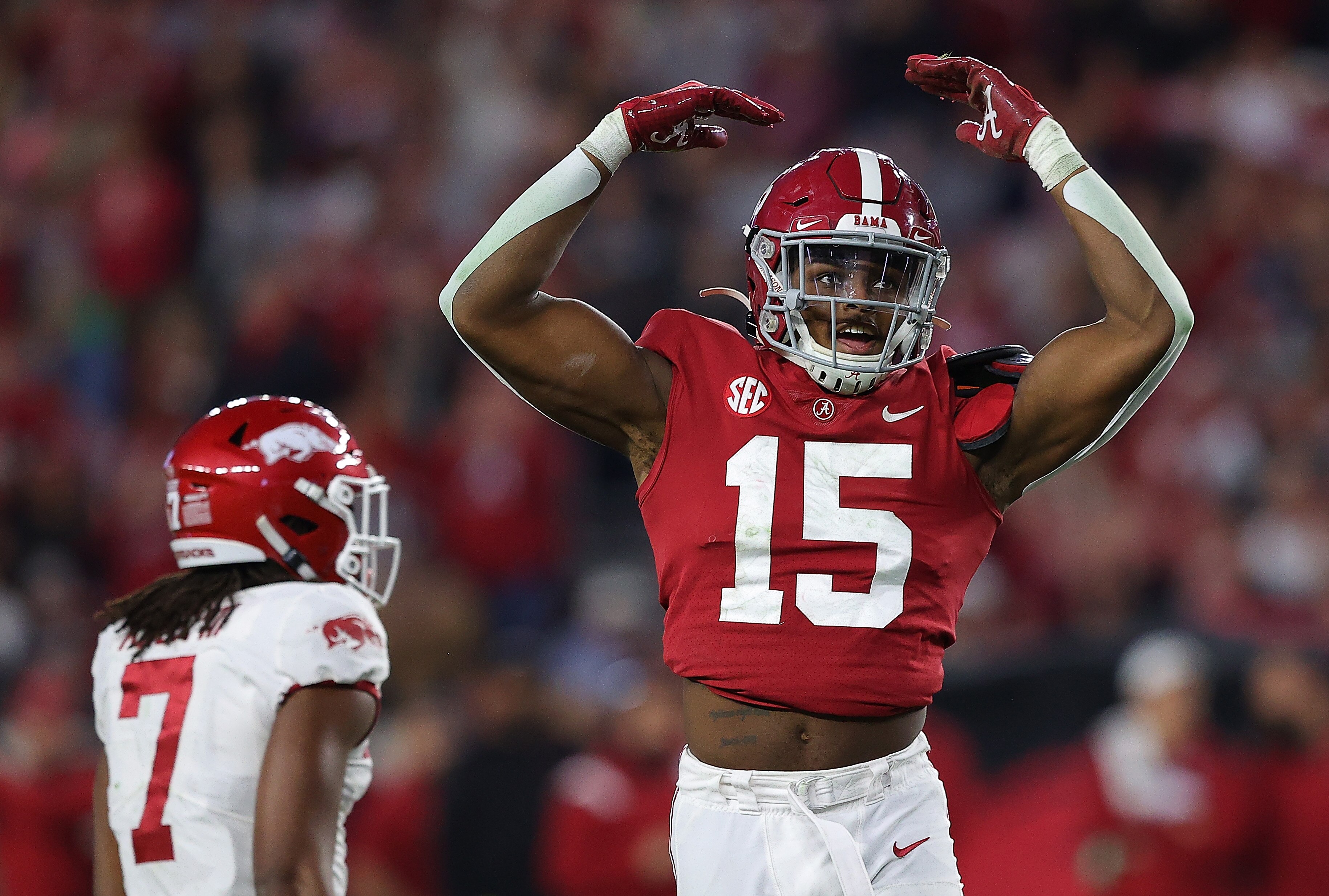 TUSCALOOSA, ALABAMA - NOVEMBER 20:  Dallas Turner #15 of the Alabama Crimson Tide reacts after a sack against the Arkansas Razorbacks during the second half at Bryant-Denny Stadium on November 20, 2021 in Tuscaloosa, Alabama. (Photo by Kevin C. Cox/Getty Images)