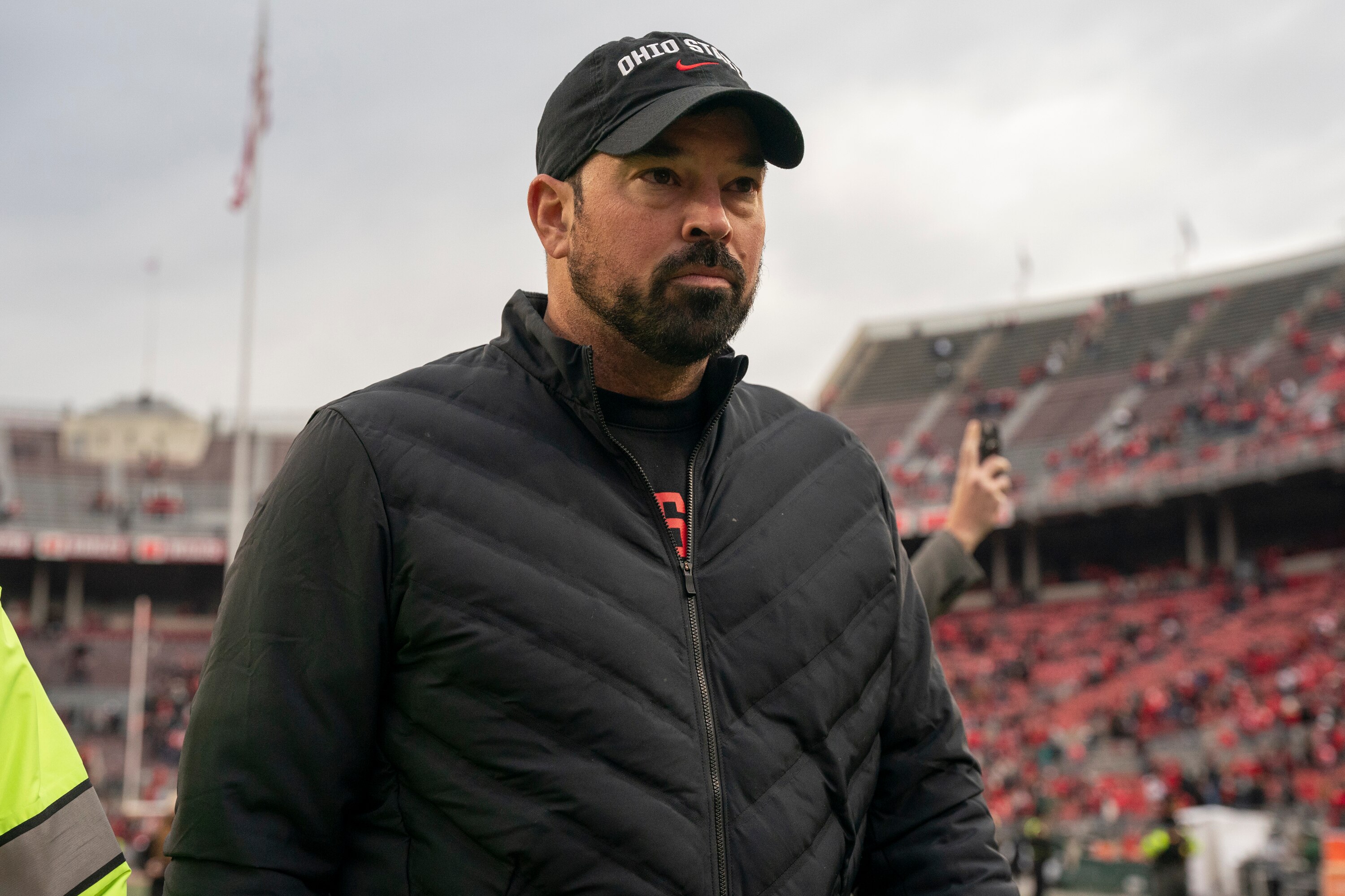 COLUMBUS, OH - NOVEMBER 20: Ohio State Buckeyes head coach Ryan Day walking off the field after the game between the Ohio State Buckeyes and the Michigan State Spartans at Ohio Stadium in Columbus, Ohio on November 20, 2021. (Photo by Jason Mowry/Icon Sportswire via Getty Images)