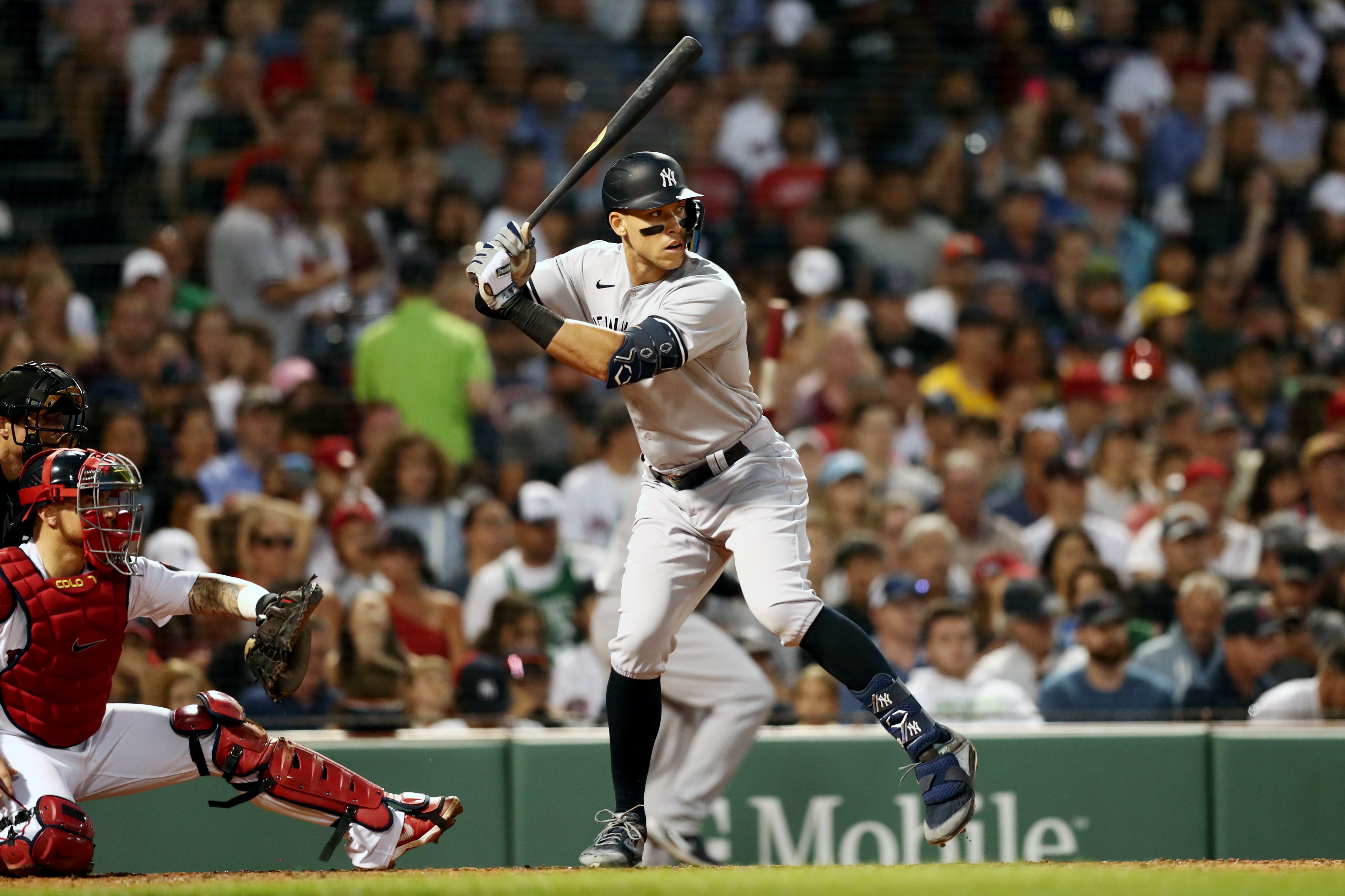 BOSTON, MA - JULY 10:  Aaron Judge #99 of the New York Yankees bats during the game between the New York Yankees and the Boston Red Sox at Fenway Park on Sunday, July 10, 2022 in Boston, Massachusetts. (Photo by Adam Glanzman/MLB Photos via Getty Images)