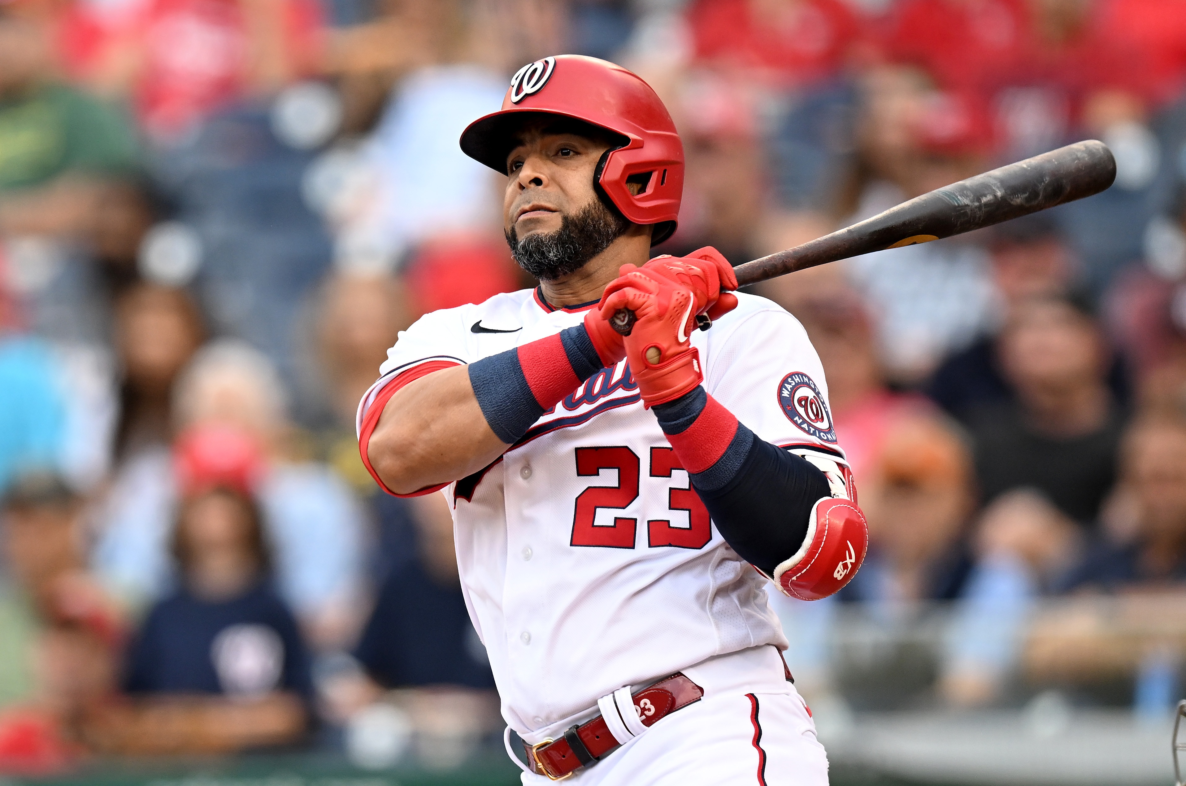 WASHINGTON, DC - JUNE 27: Nelson Cruz #23 of the Washington Nationals bats against the Pittsburgh Pirates at Nationals Park on June 27, 2022 in Washington, DC. (Photo by G Fiume/Getty Images) WASHINGTON, DC - JUNE 27: Nelson Cruz #23 of the Washington Nationals bats against the Pittsburgh Pirates at Nationals Park on June 27, 2022 in Washington, DC. (Photo by G Fiume/Getty Images)