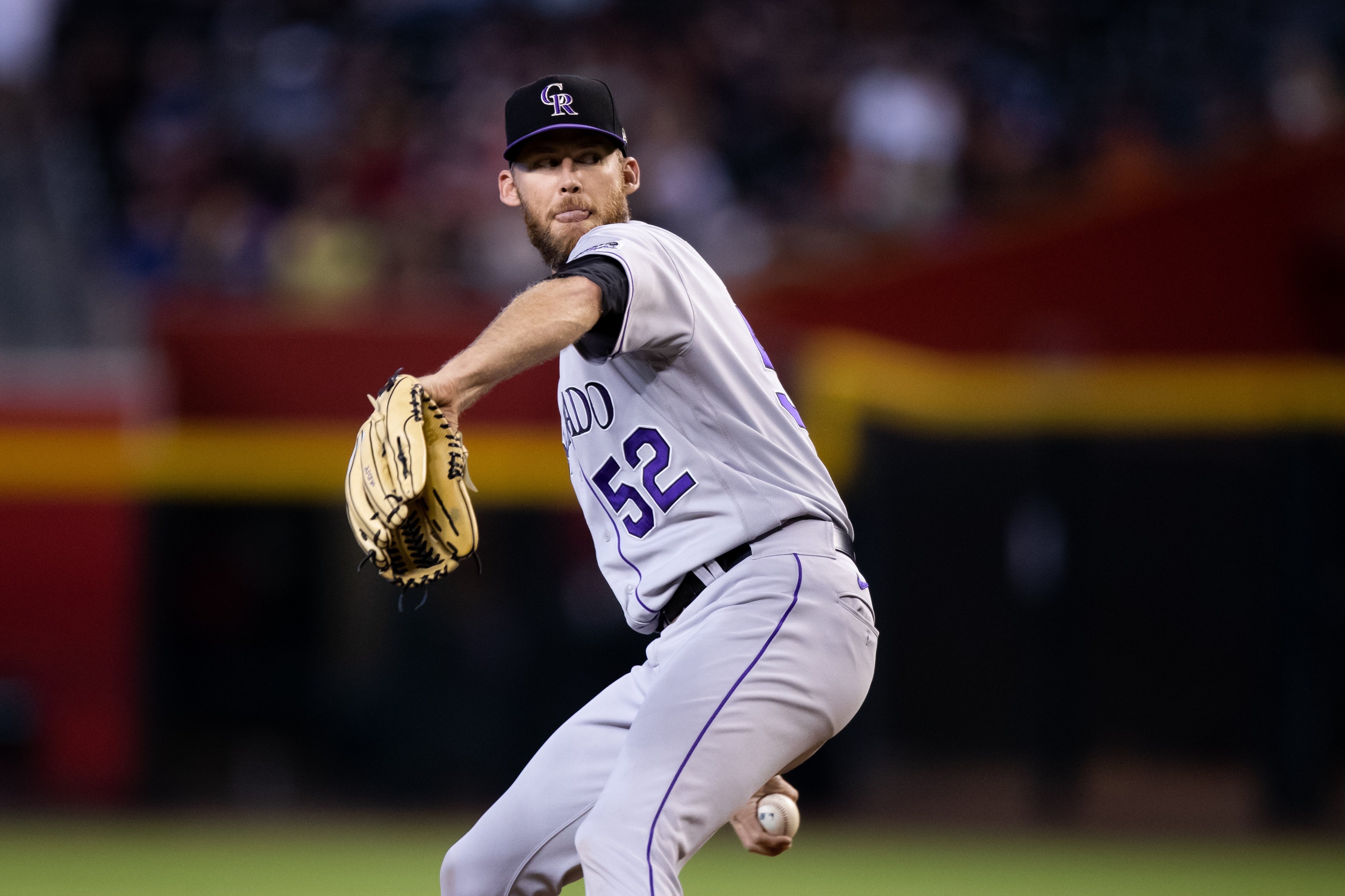 PHOENIX, AZ - JULY 10: Colorado Rockies Right-Handed Pitcher Daniel Bard (52) comes into the close out the game during a Baseball game between the Colorado Rockies and the Arizona Diamondbacks on July 10, 2022, at Chase Field in Phoenix, AZ. (Photo by Zac BonDurant/Icon Sportswire via Getty Images)