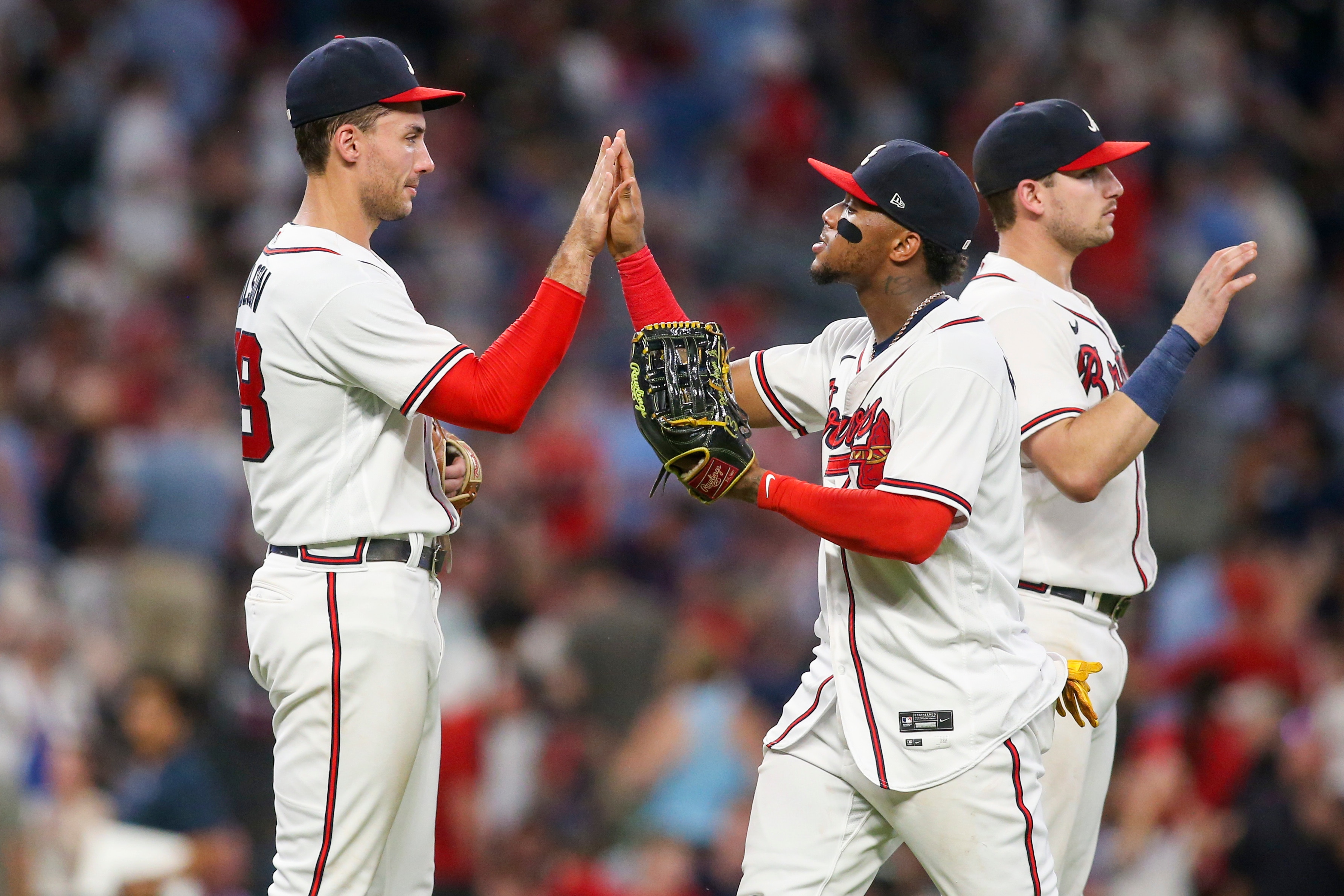 ATLANTA, GA - JULY 06: Matt Olson #28 celebrates after a victory with Ronald Acuna Jr. #13 of the Atlanta Braves against the St. Louis Cardinals at Truist Park on July 6, 2022 in Atlanta, Georgia. (Photo by Brett Davis/Getty Images)