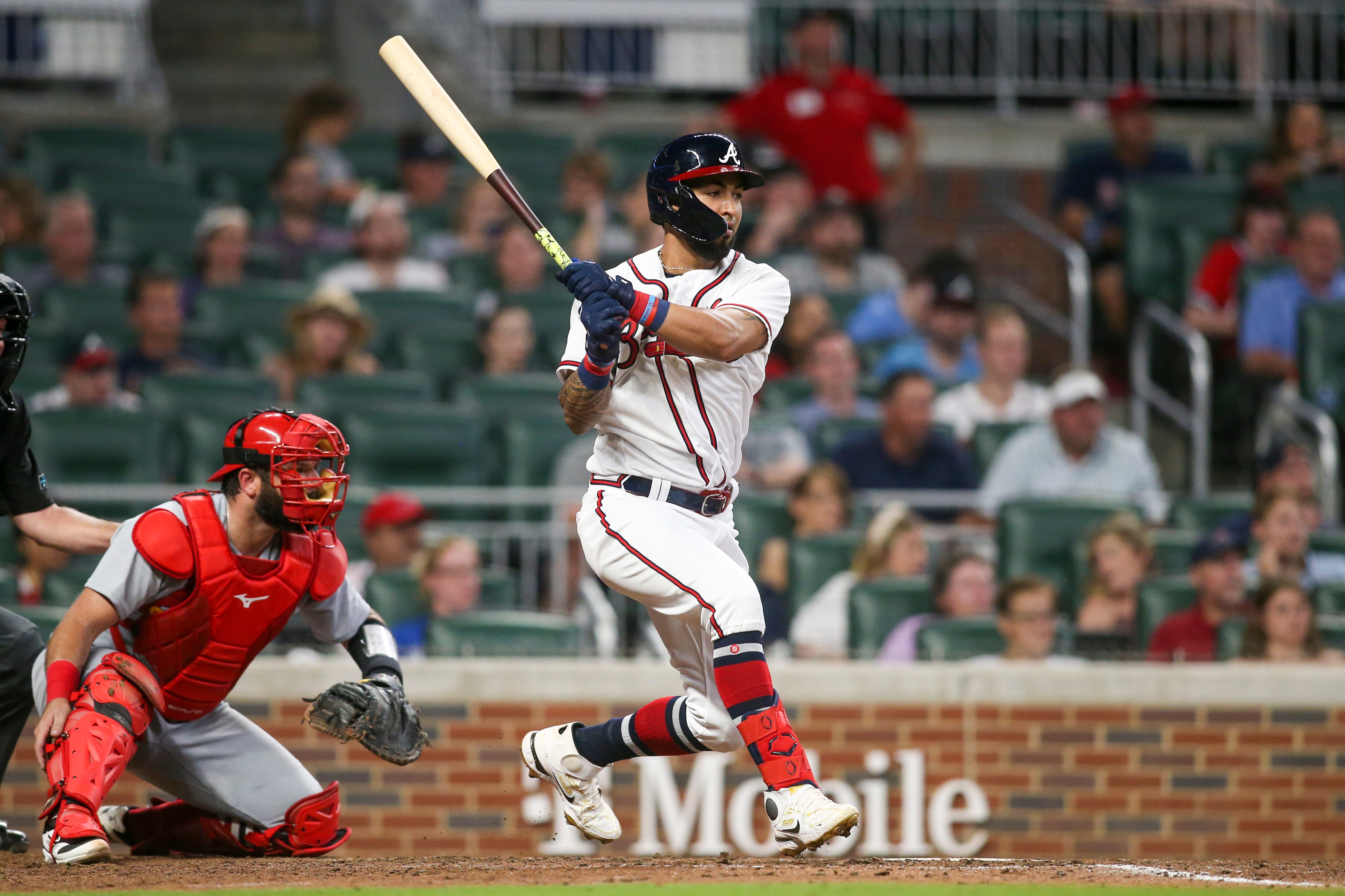 ATLANTA, GA - JULY 05: Eddie Rosario #8 of the Atlanta Braves bats against the St. Louis Cardinals in the seventh inning at Truist Park on July 5, 2022 in Atlanta, Georgia. (Photo by Brett Davis/Getty Images)