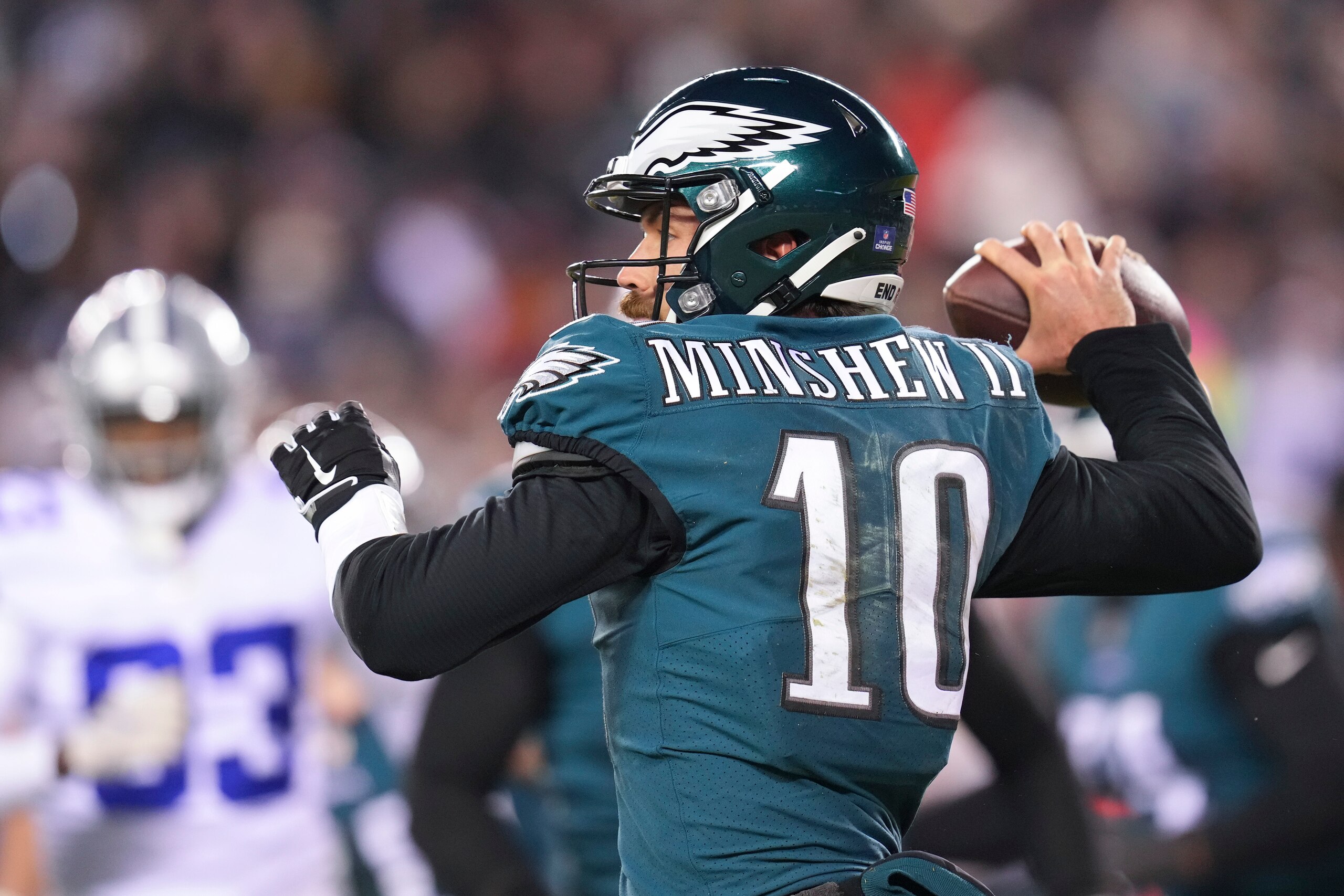 PHILADELPHIA, PA - JANUARY 08: Gardner Minshew #10 of the Philadelphia Eagles passes the ball against the Dallas Cowboys at Lincoln Financial Field on January 8, 2022 in Philadelphia, Pennsylvania. (Photo by Mitchell Leff/Getty Images) PHILADELPHIA, PA - JANUARY 08: Gardner Minshew #10 of the Philadelphia Eagles passes the ball against the Dallas Cowboys at Lincoln Financial Field on January 8, 2022 in Philadelphia, Pennsylvania. (Photo by Mitchell Leff/Getty Images)