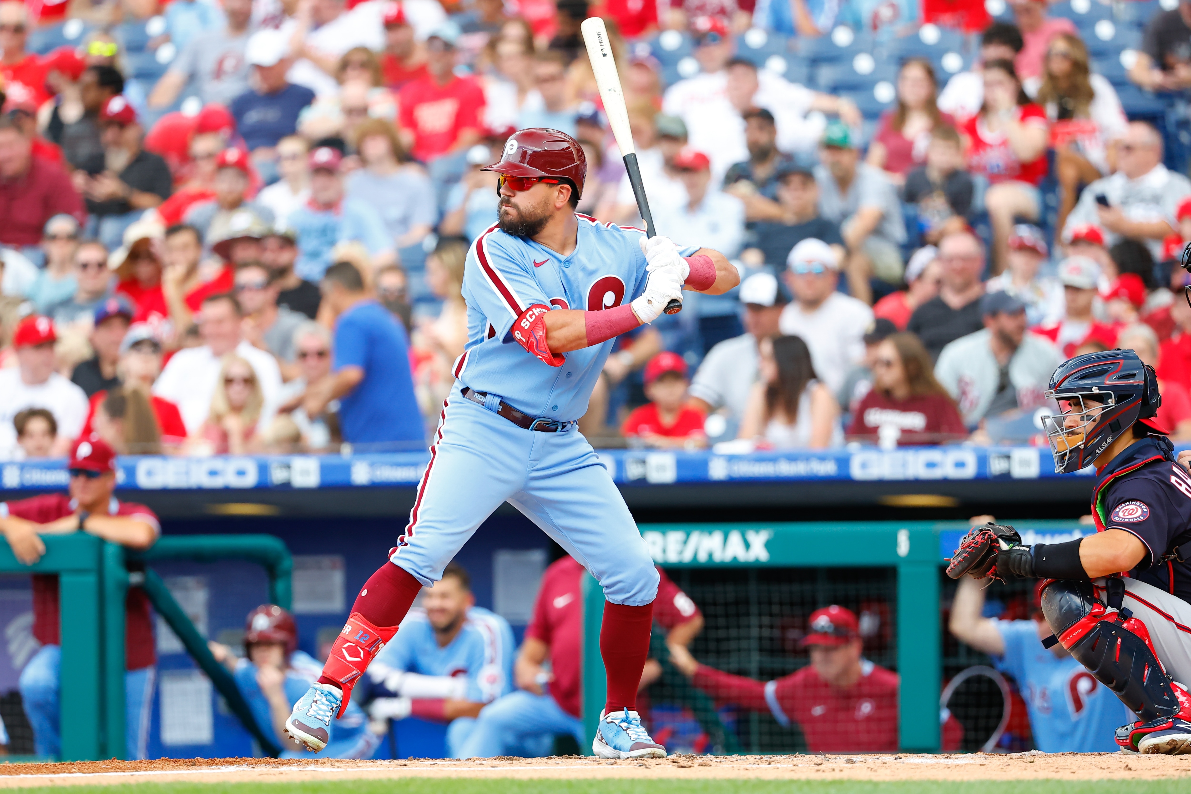 PHILADELPHIA, PA - JULY 07:  Philadelphia Phillies left fielder Kyle Schwarber (12) at bat during the Major League Baseball game between the Philadelphia Phillies and the Washington Nationals on July 7, 2022 at Citizens Bank Park in Philadelphia, Pennsylvania.  (Photo by Rich Graessle/Icon Sportswire via Getty Images)